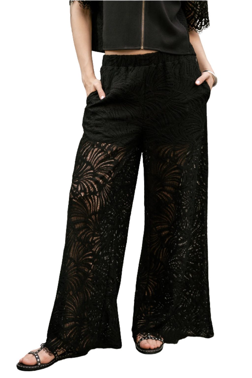 Freeman T. Porter Palazzohose Patrizia Soft Lace - Hose Lang - Palazzohose - Spitzenhose - schwarz
