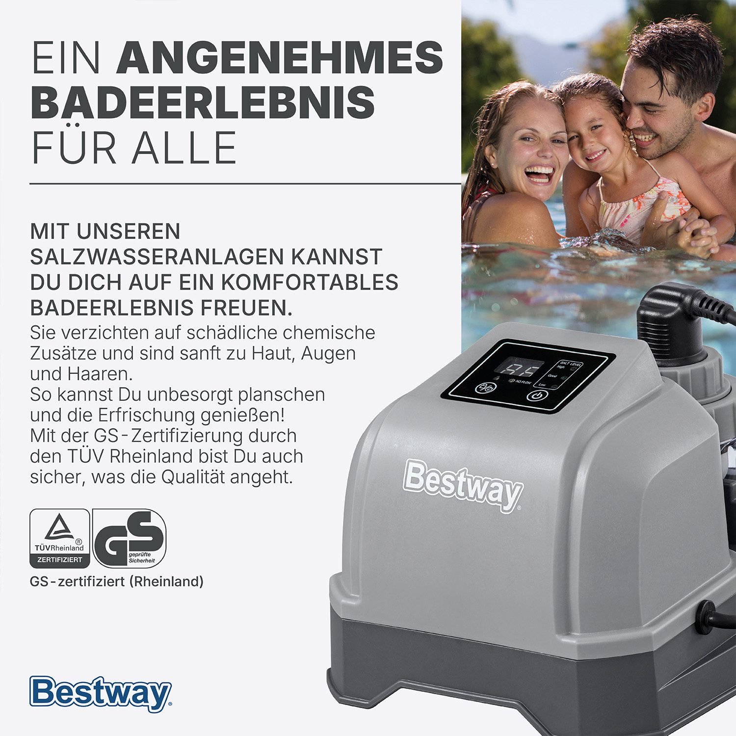 Bestway Salzwassersystem Hydrogenic™ 2 g/h, (Packung, 1-St., für Poolgrößen bis 8.327 l & Filtersysteme ab 1.249 l/h), Verwendung von Salz zur Erzeugung von Chlor