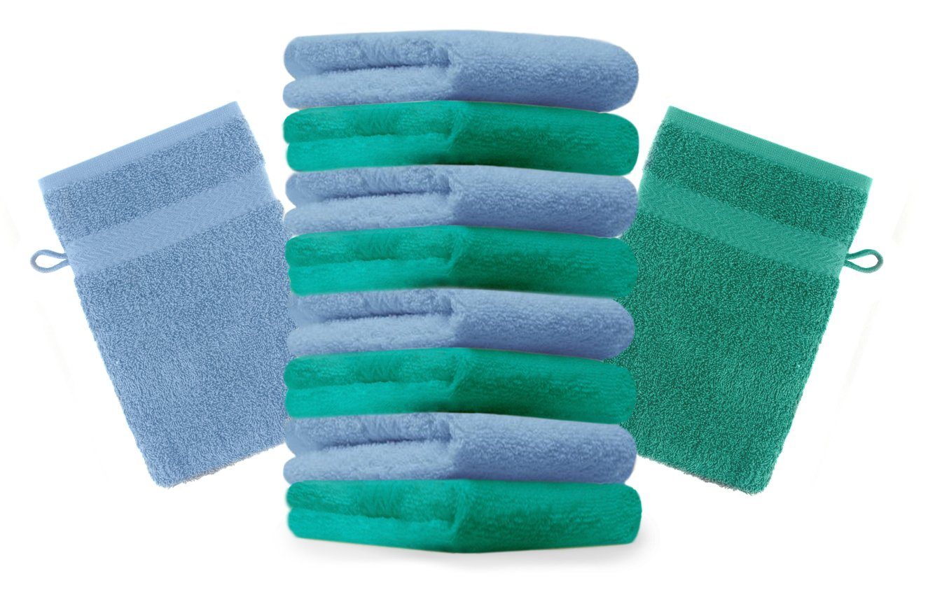 Betz Waschhandschuh 10 Stück Waschhandschuhe Premium 100% Baumwolle Waschlappen Set 16x21 cm Farbe smaragdgrün und hellblau