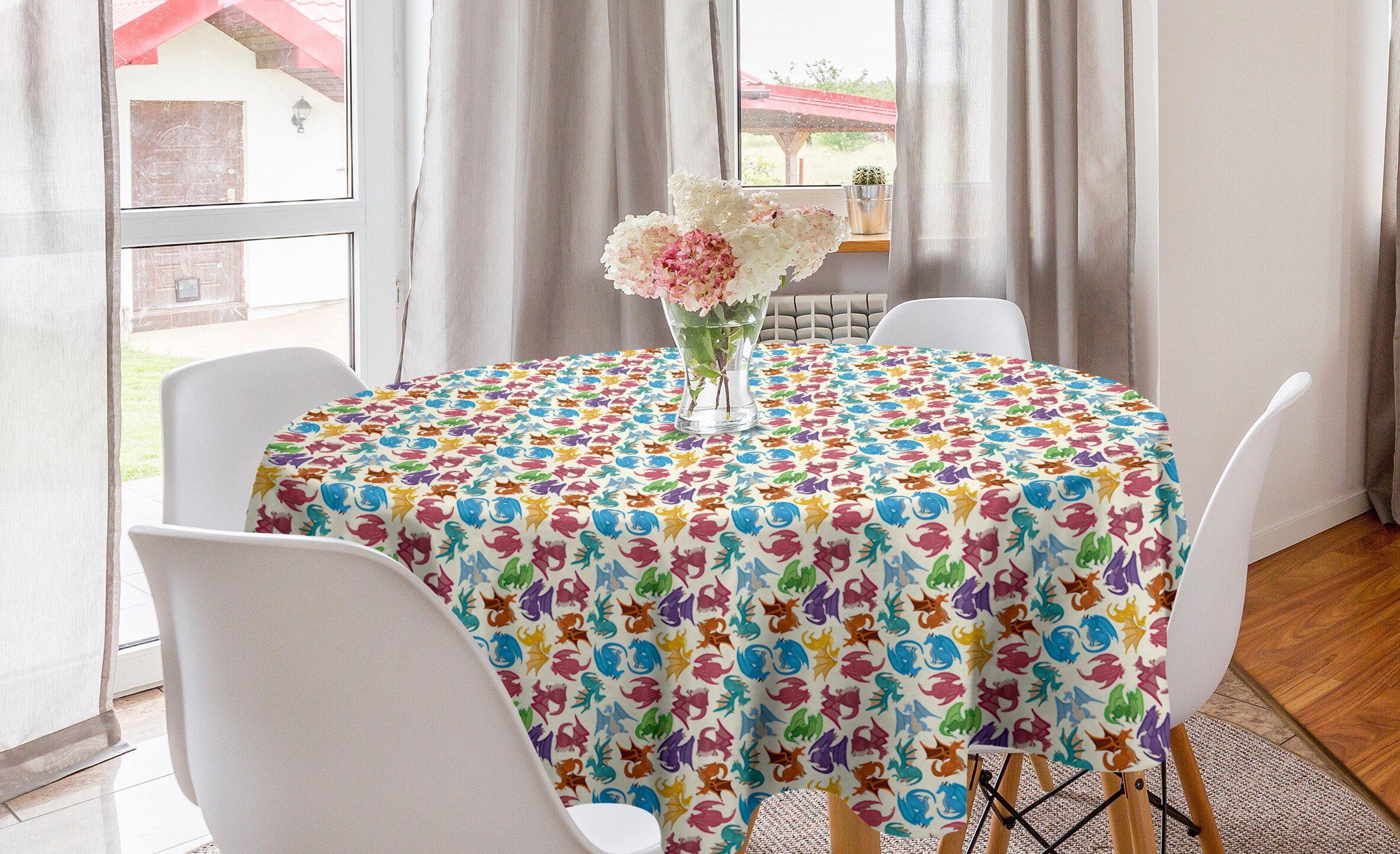 Abakuhaus Drachen Küche für Abdeckung Dekoration, Kinder-Muster Farbige Esszimmer Tischdecke Kreis Tischdecke