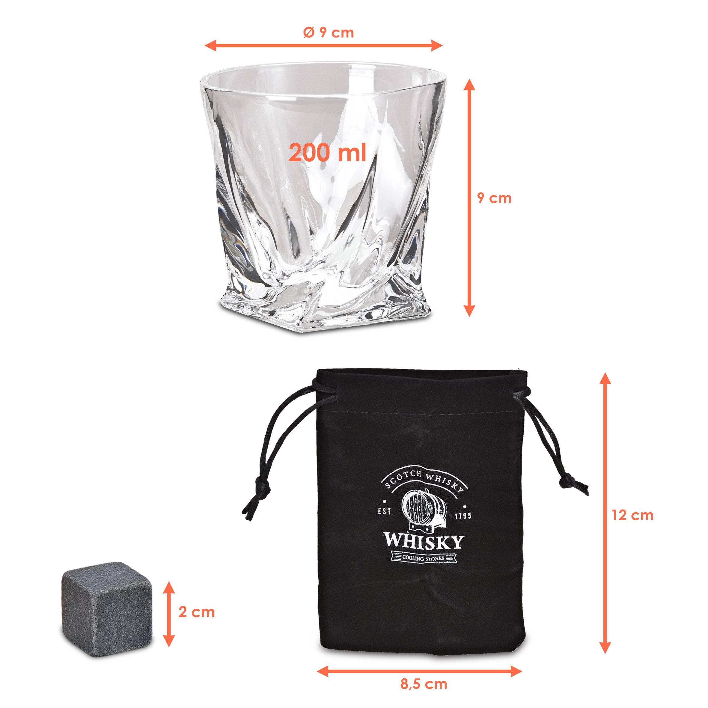 Woma Whiskyglas Whisky Glas Geschenk Set aus Kristallglas - 13-teilig, Kristallglas / Basalt, 4er Trinkglas Set mit 8x Basalt Kühlsteinen und Samtbeutel