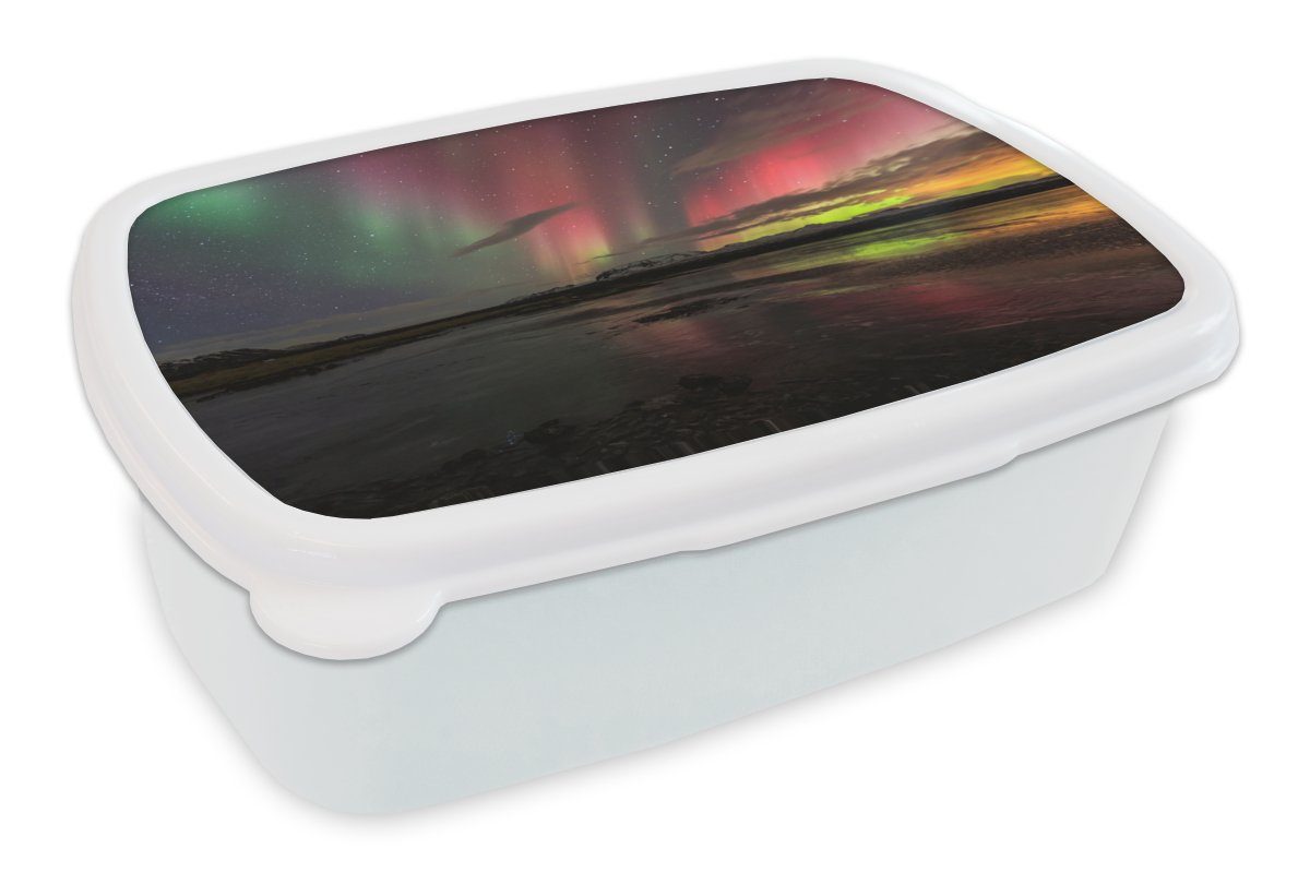 MuchoWow Lunchbox Nordlichter - Island - Farben, Kunststoff, (2-tlg), Brotbox für Kinder und Erwachsene, Brotdose, für Jungs und Mädchen weiß