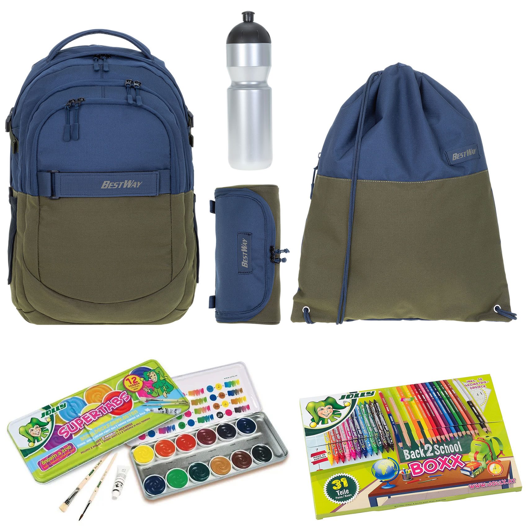 BESTWAY Schulrucksack Jungen Schulrucksackset Rucksack Evolution Air 40177 (Set, Sportbeutel, Mäppchen, Mäppchenfüllung, Farbkasten, Flasche), Schultasche Daypack Schule ab 3. Klasse Mega Set rtm kfv