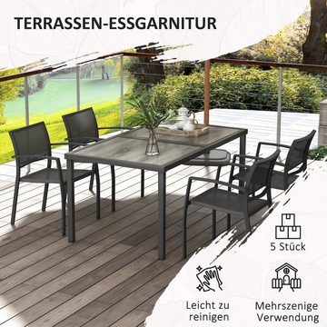Outsunny Garten-Essgruppe 5 tlg. Sitzgruppe mit 1 Esstisch, 4 stapelbaren Stühlen, (Gartengarnitur, 5-tlg., Sitzgarnitur), für Terrasse, Mesh, Dunkelgrau