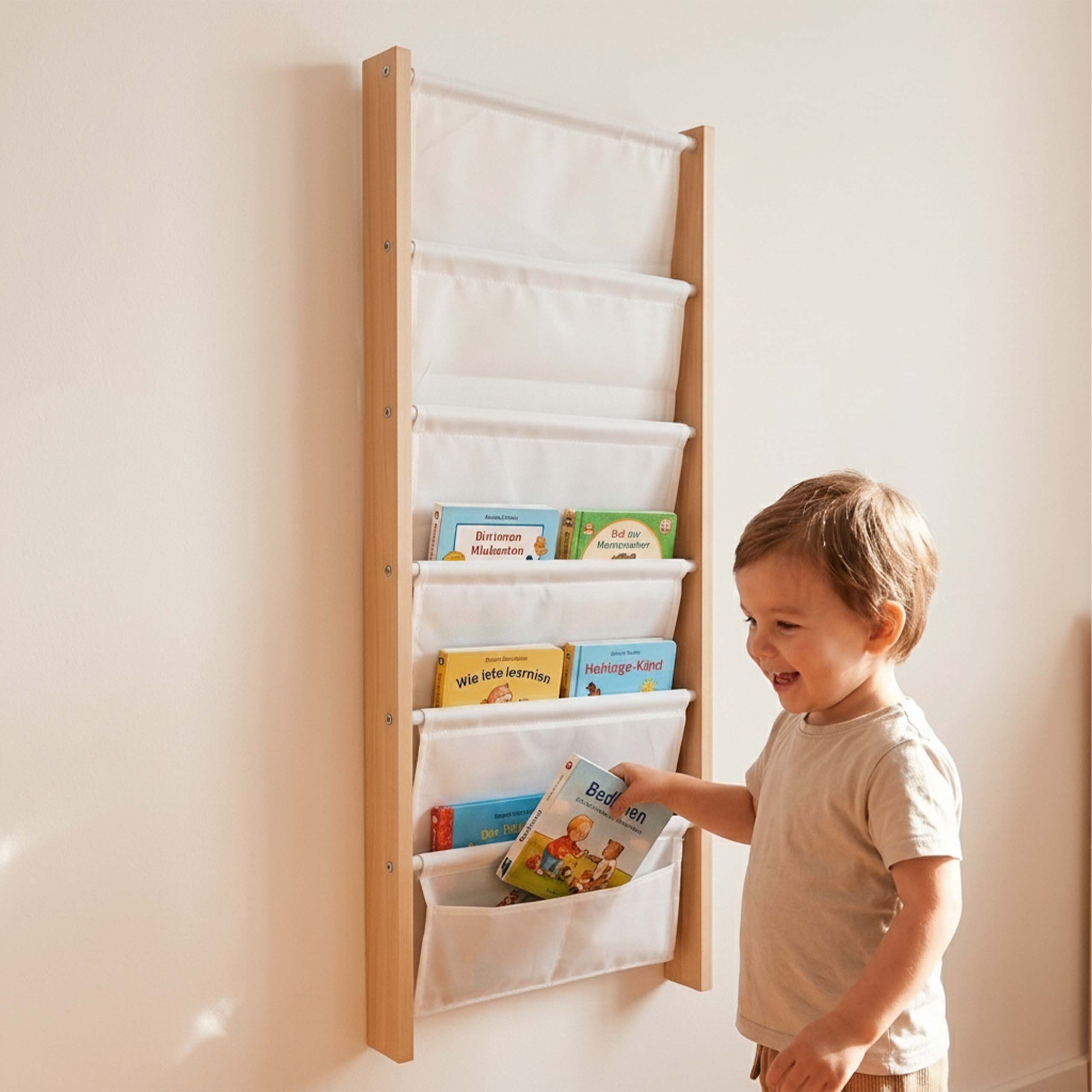 relaxdays Kinderregal Bücherregal Kinder mit Stofftaschen Wand, 1-tlg., 6 – Bild 2 von 5