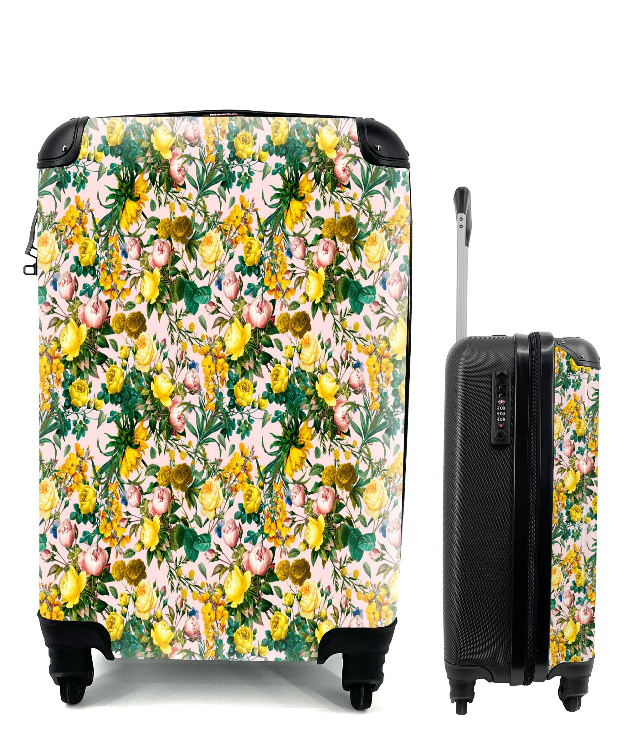 Reisetasche für 4 rollen, - mit Reisekoffer Rollen, Handgepäckkoffer Handgepäck Blumen Trolley, - MuchoWow Gelb, Rosen Ferien,