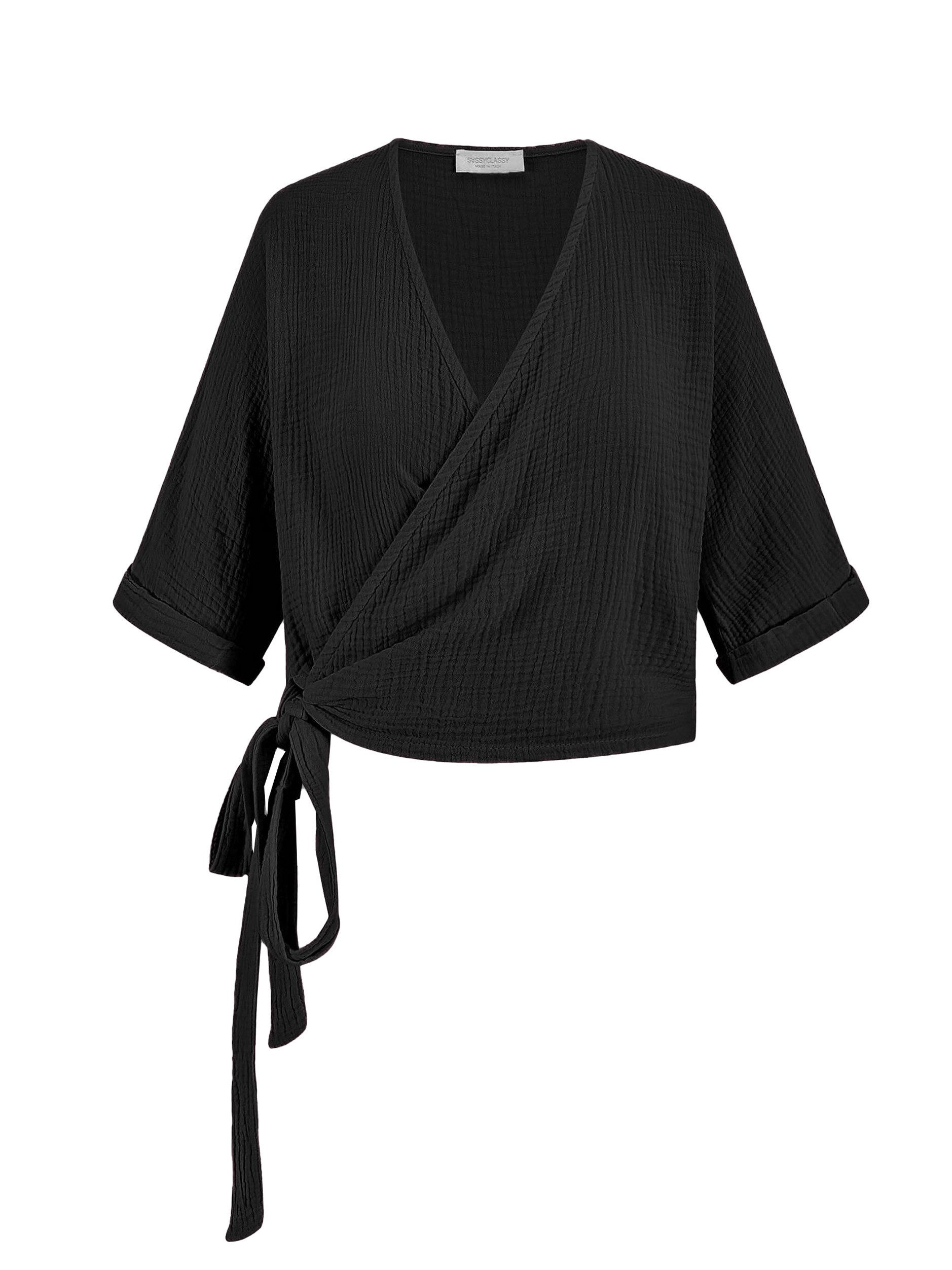 SASSYCLASSY Wickelbluse Musselin Bluse mit Bindeband und lockerer Passform Kurzarm Wickelbluse aus Baumwolle