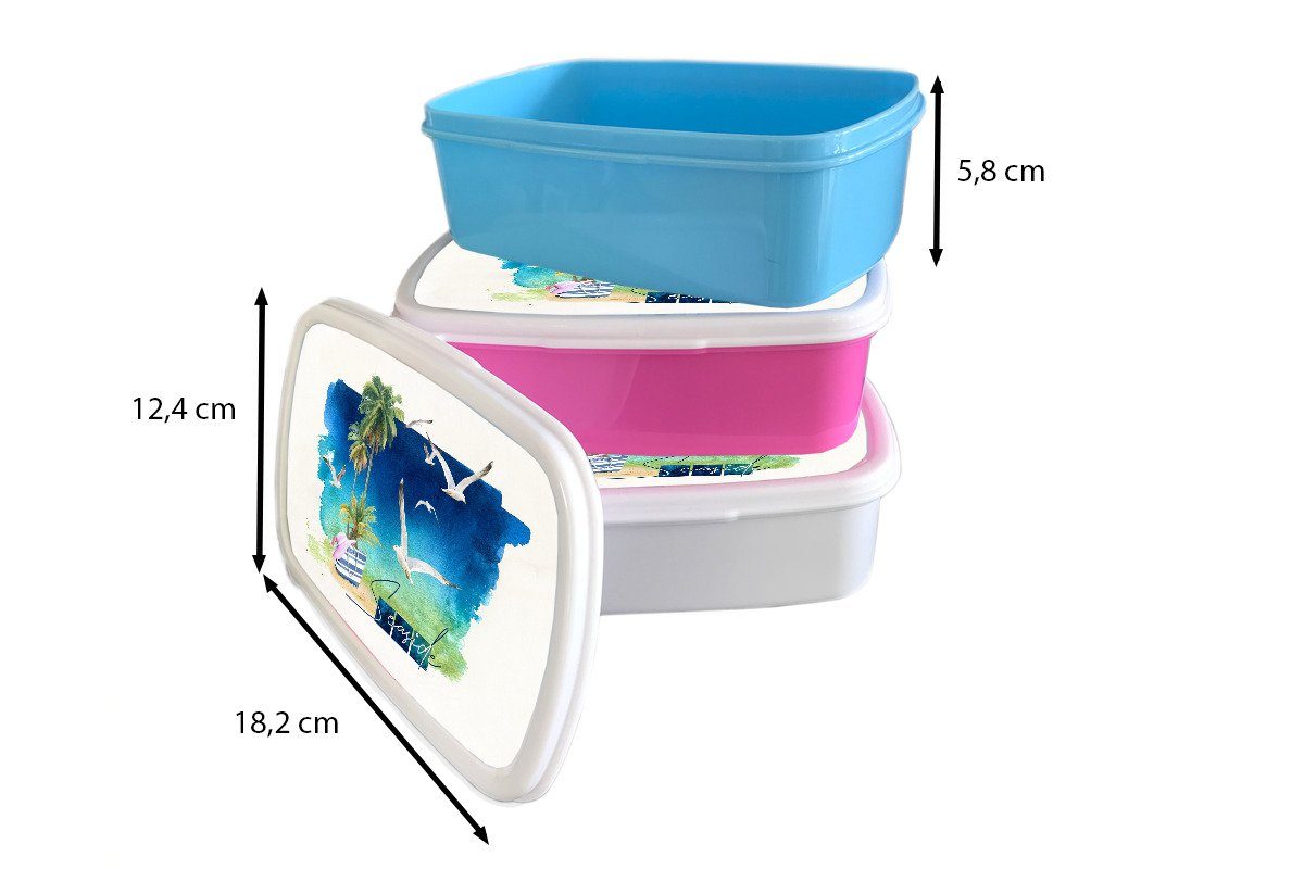 MuchoWow Lunchbox Vogel - Palme Kinder, Kunststoff, (2-tlg), Himmel rosa Brotbox - Strand, Kunststoff Snackbox, Brotdose für Mädchen, Erwachsene, 