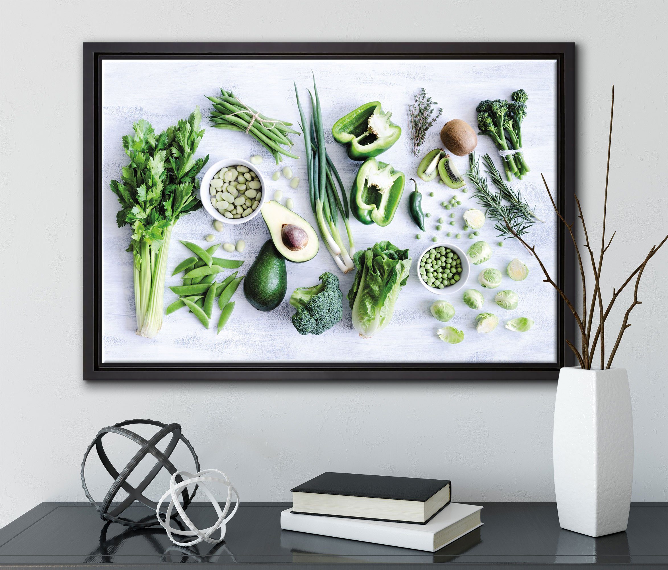 Pixxprint Grüne einem (1 Leinwandbild Gemüse Leinwandbild bespannt, fertig Zackenaufhänger Obst inkl. Vielfalt, gefasst, St), in Wanddekoration Schattenfugen-Bilderrahmen