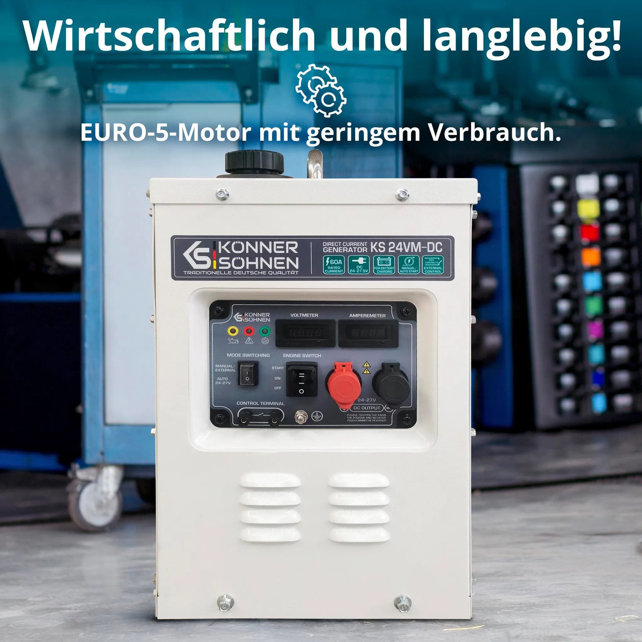 Könner & Söhnen KS 24VM-DC generator (24V DC generator for solar systems and battery charging, 1-piece, 60A charging current, auto-start function, 8L tank, 24-27.5V), 24V direct current, auto mode, soundproofed, 69dB, Euro V