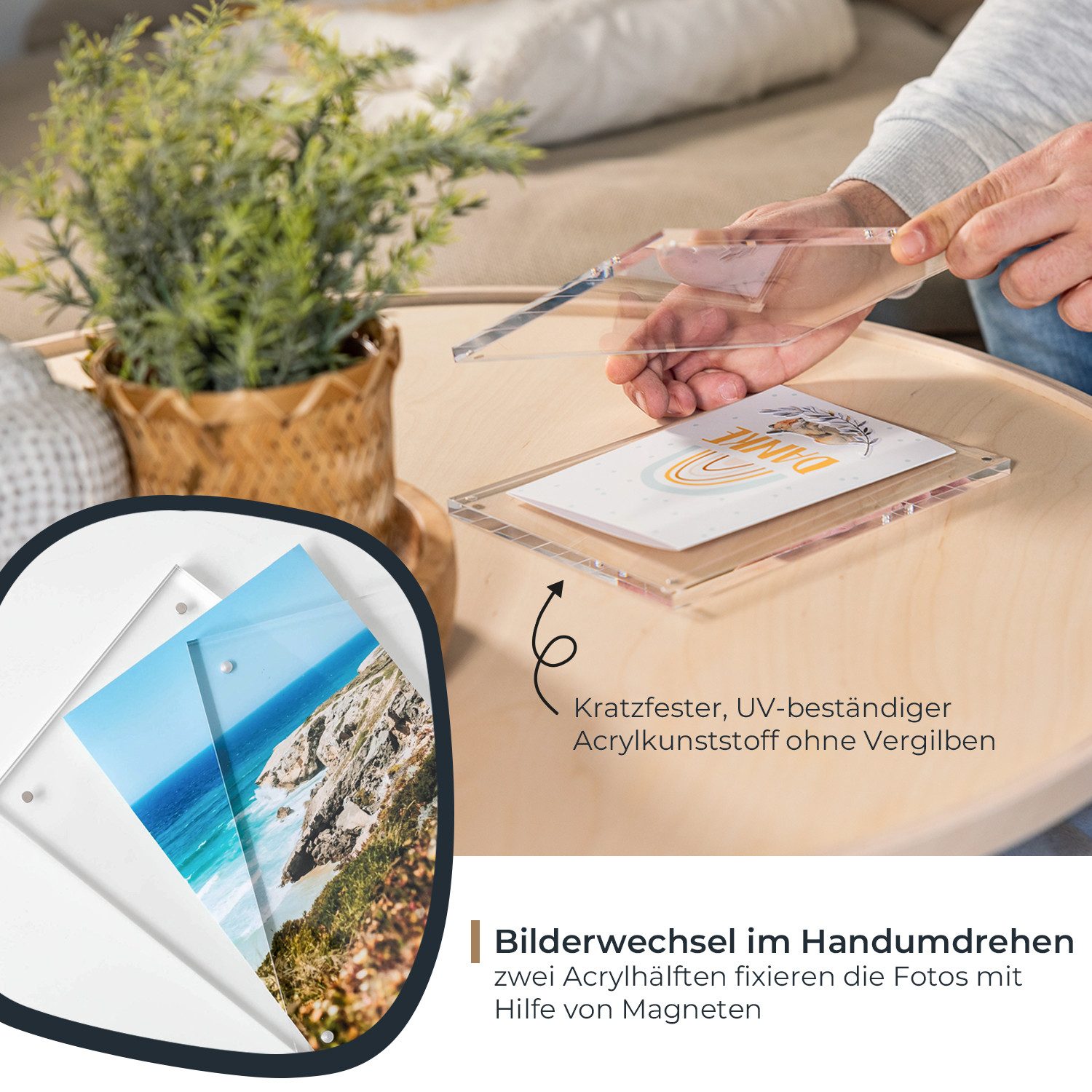 HMF Bilderrahmen Magnetischer Bilderrahmen aus Acrylglas, für 2 Bilder, im Format 13 x 18 cm, 15 x 21 cm und DIN A5, Transparent