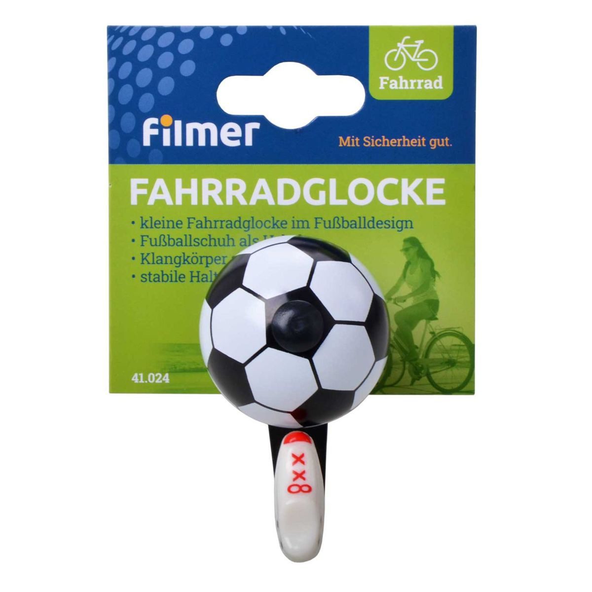 Filmer Fahrradklingel Fahrradglocke Fußball klein 38mm Halterung Metall, Fußballdesign