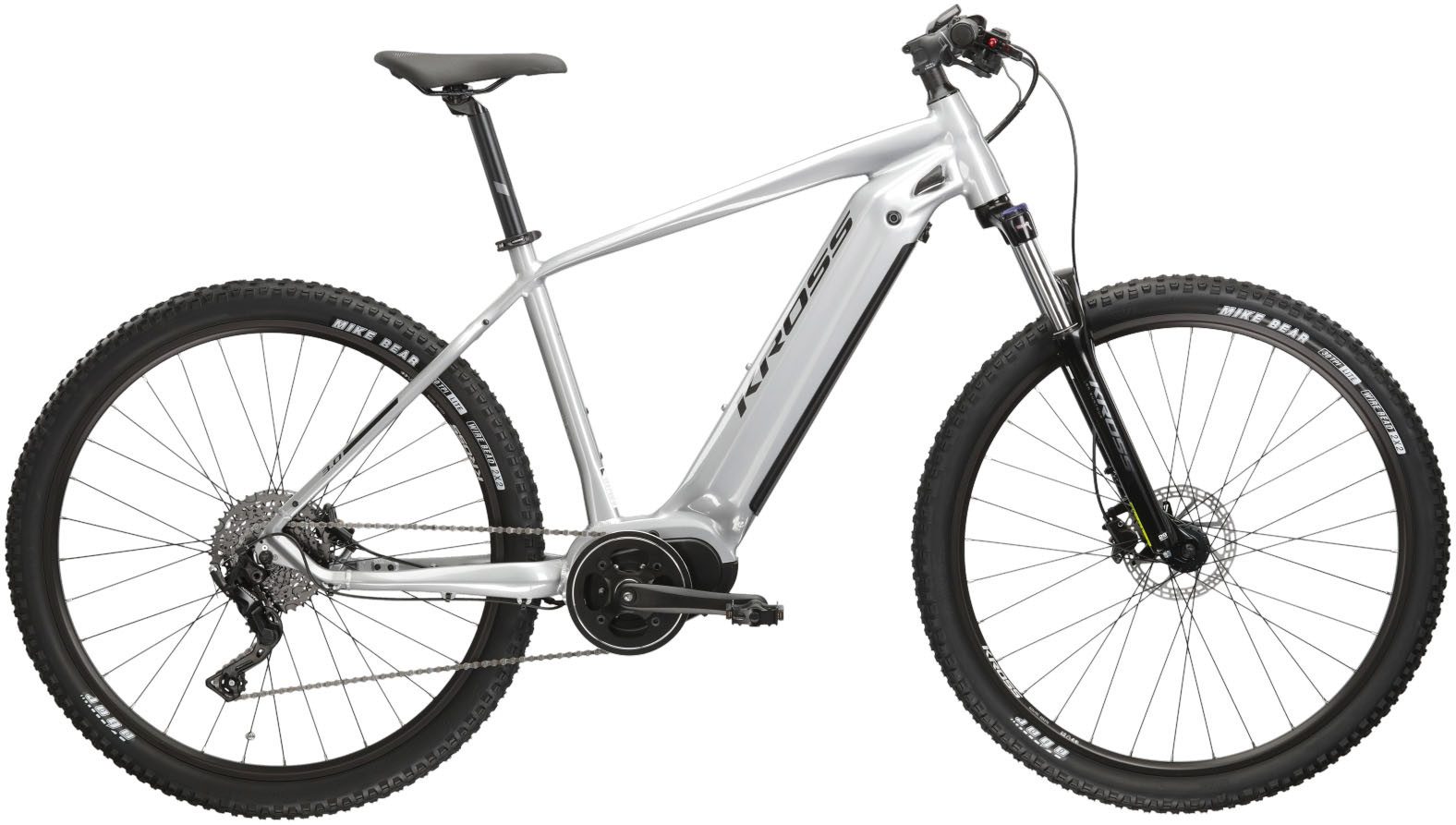 Kross E-Bike Mountainbike E-MTB Hexagon Boost 3.0 29 Zoll silberfarben, 8 Gang microSHIFT ACOLYTE M5185M Schaltwerk, Kettenschaltung, Mittelmotor, 576 Wh, Pedelec, Elektrofahrrad für Damen und Herren, MTB