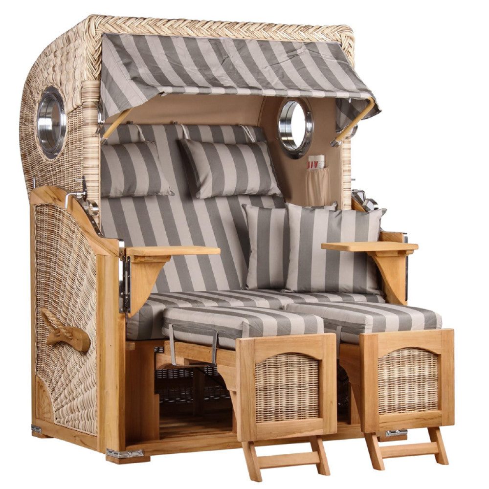 MR.DEKO Strandkorb Düne Bullauge Teak PE Shell Dessin 537, BxTxH: 125x80x170 cm, Ostsee-Strandkorb, Bullaugen, 2-Sitzer, komplett montiert, Volllieger, 2 Schwenktische