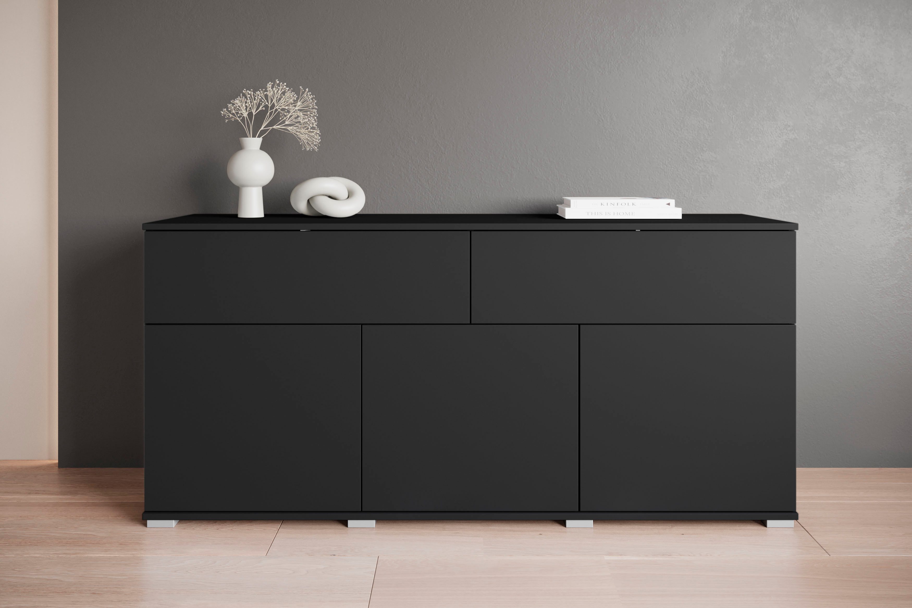 OTTO home Sideboard Kenia, Kommode mit 3 Türen und 2 Schubladen, 150 cm breit (1 St), Griffloses Design mit Push-to-Open und verstellbaren Einlegeböden