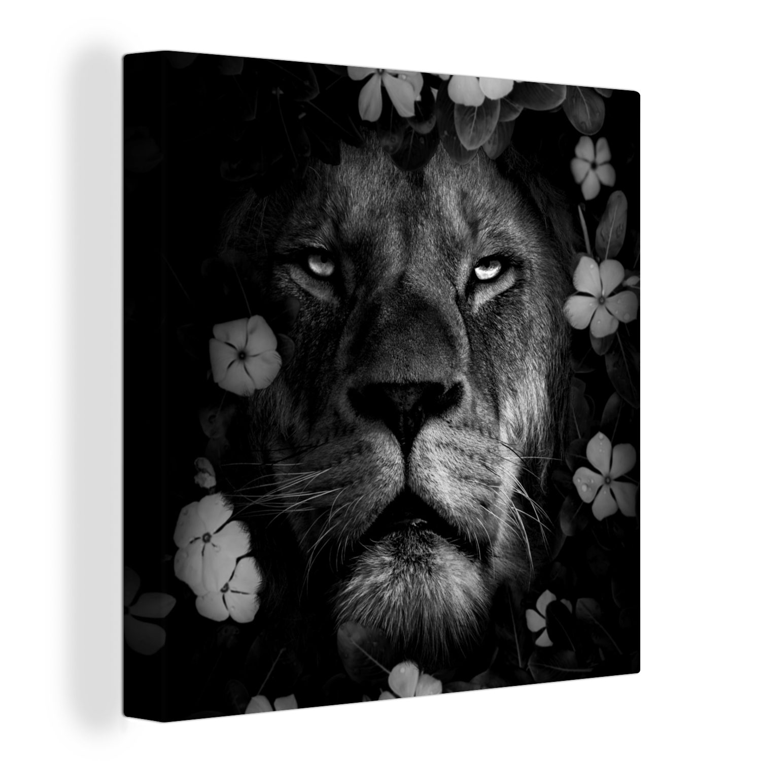 OneMillionCanvasses® Leinwandbild Blumen - Löwe - Dschungel - Schwarz - Weiß, (1 St), Leinwand Bilder für Wohnzimmer Schlafzimmer