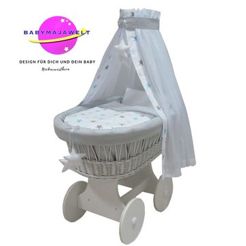 Babymajawelt Stubenwagen Baby Stubenwagen Set mit Ausstattung, große Räder Leise, Erstes Babybett Made in EU, Naturweide, Sorglos Paket
