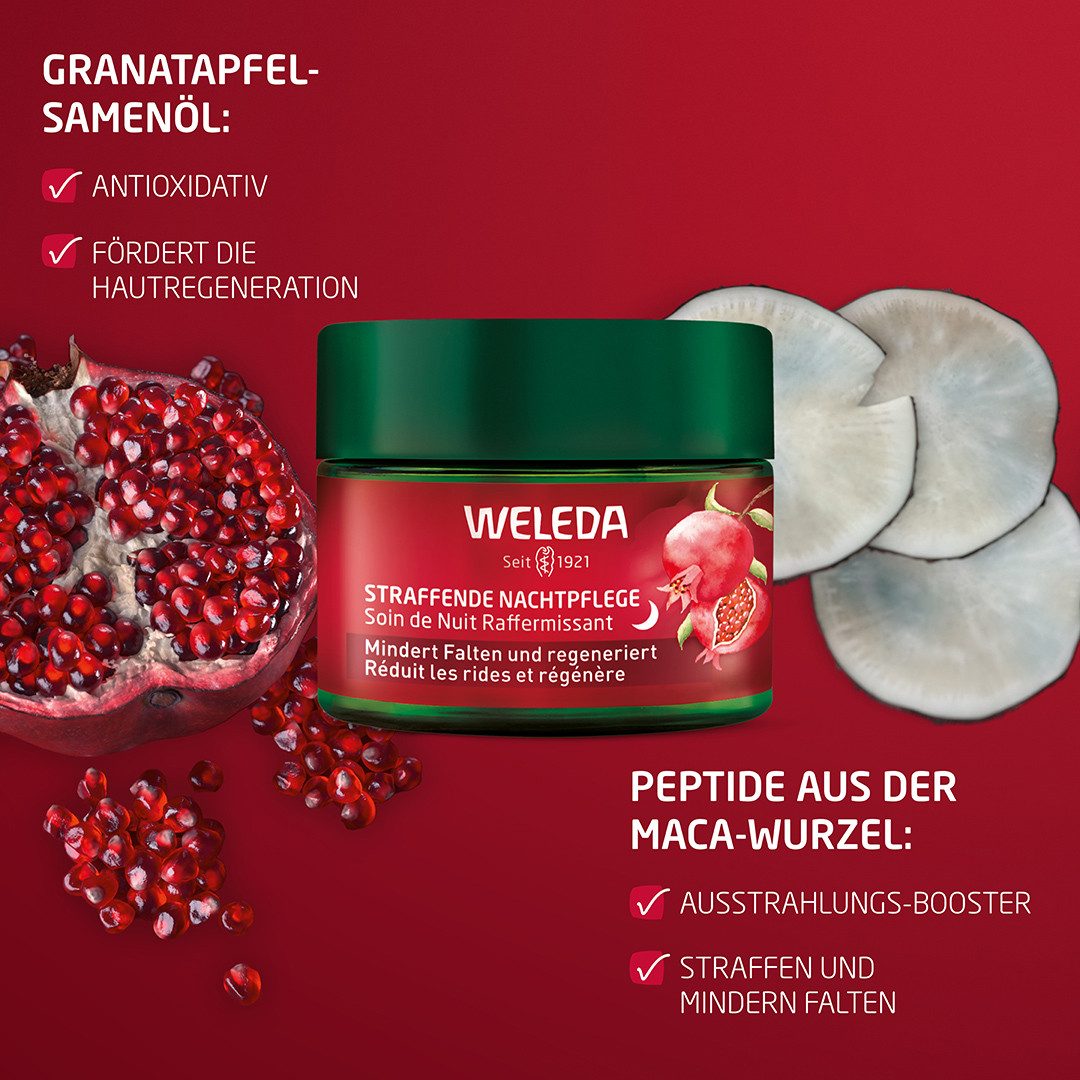 WELEDA Nachtcreme STRAFFENDE NACHTPFLEGE GRANATAPFEL & MACA-PEPTIDE, mindert Falten und strafft, regeneriert die Haut über Nacht