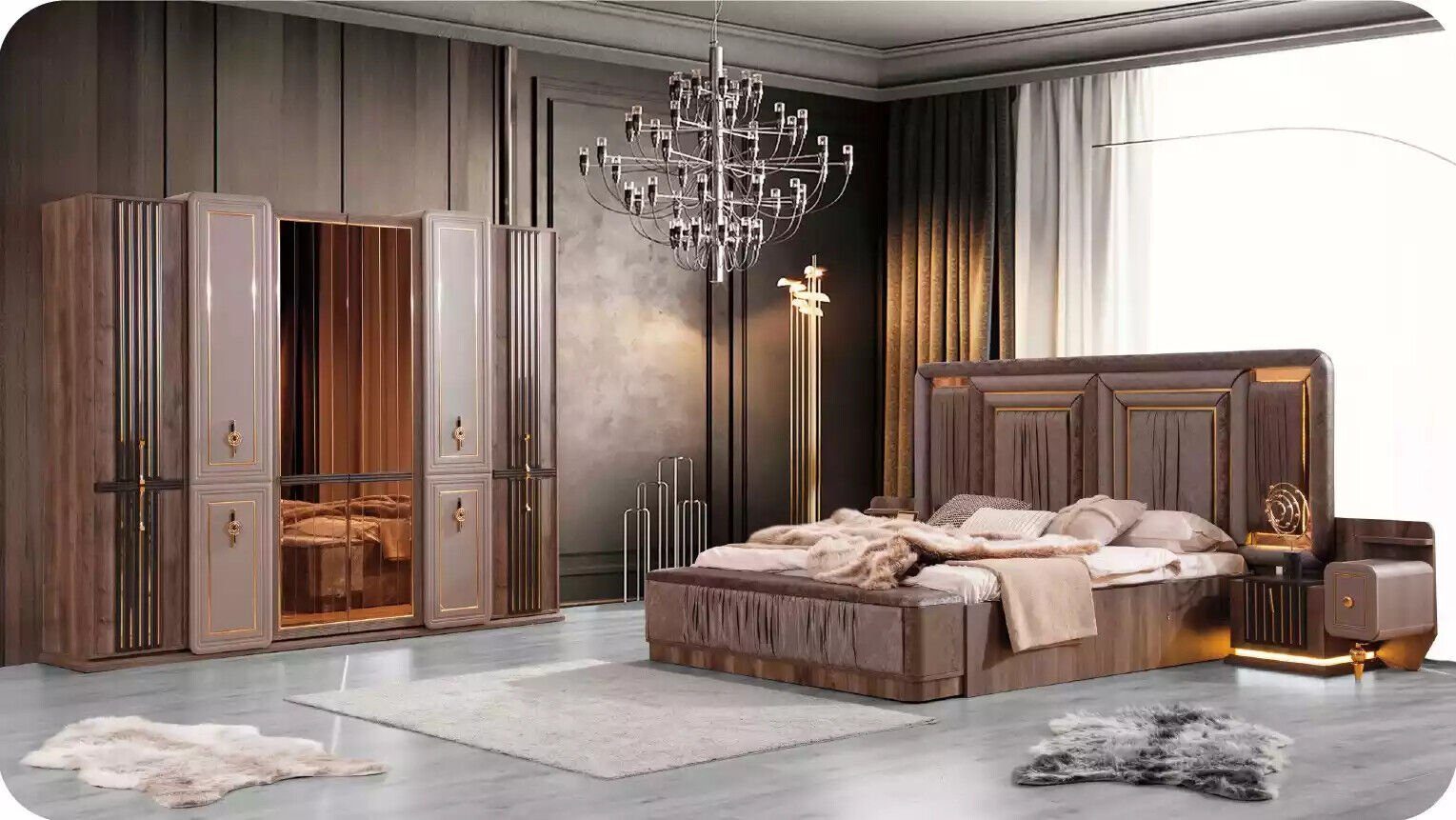 JVmoebel Schlafzimmer-Set Komplette Schlafzimmermöbel Luxus Bett Set Doppelbett Beige Stoff, (4-St., Bett/2x Nachttische/Kleiderschrank), Made in Europa