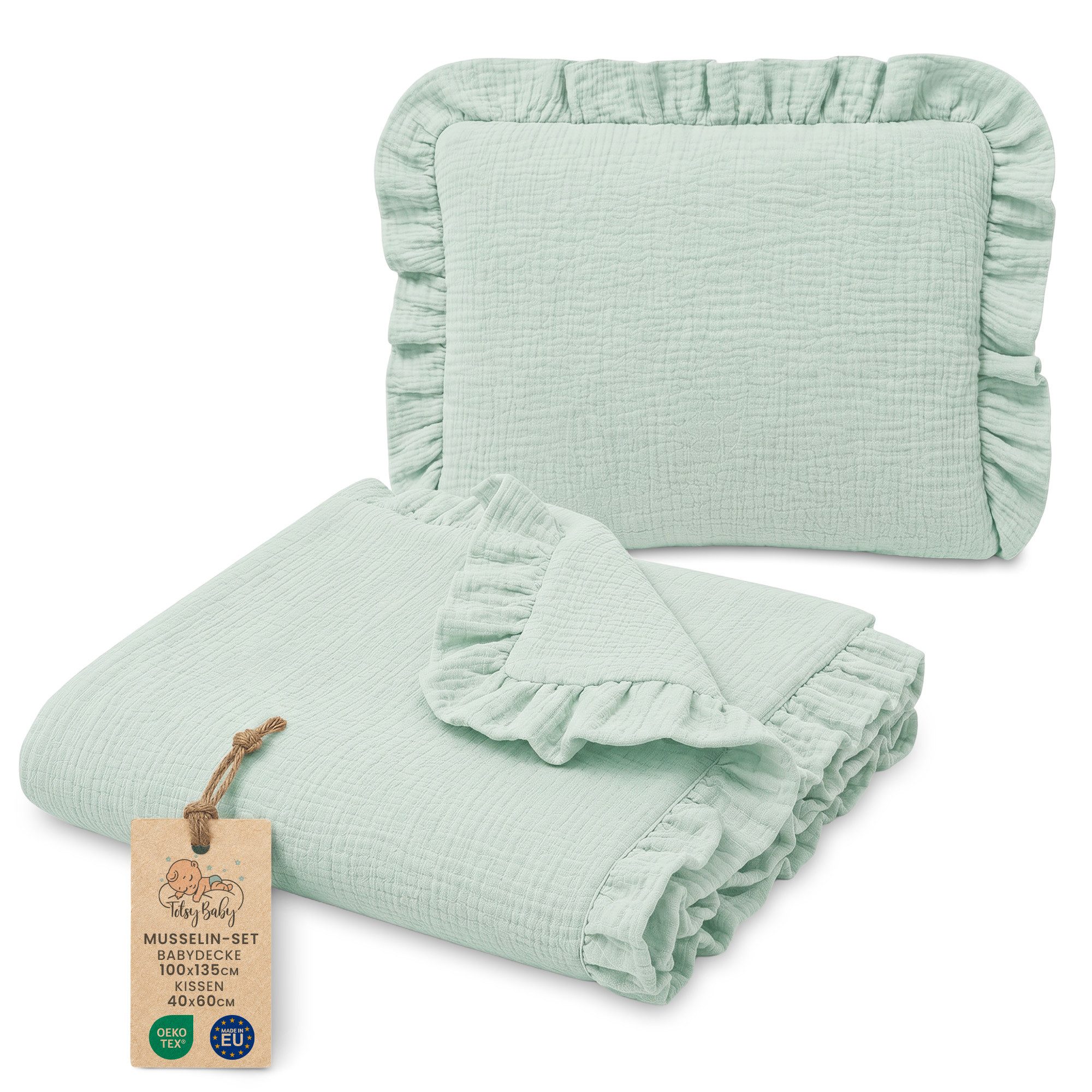 Babydecke Musselin Decke Baby Set 75x60 cm + Kissen 40x30 cm mit Rüschen, Totsy Baby