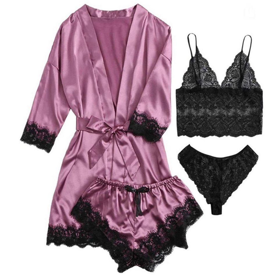 Teiliges für Damen Sexy Spitze Daisred Schlafanzüge Lila Set Lace 4 Pyjama