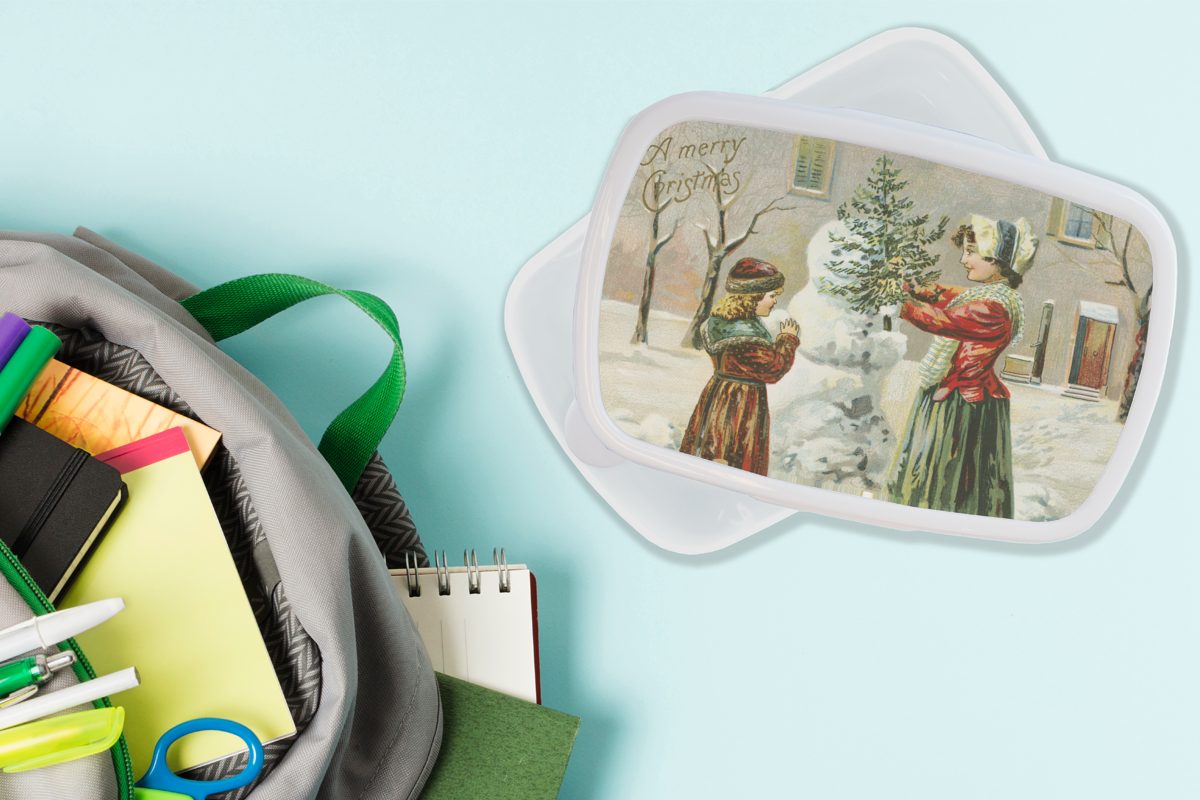 Kunststoff, und für MuchoWow Jungs weiß Brotdose, Erwachsene, Weihnachten (2-tlg), Kinder - Brotbox für und Schnee Lunchbox Weihnachtskarte, Mädchen -