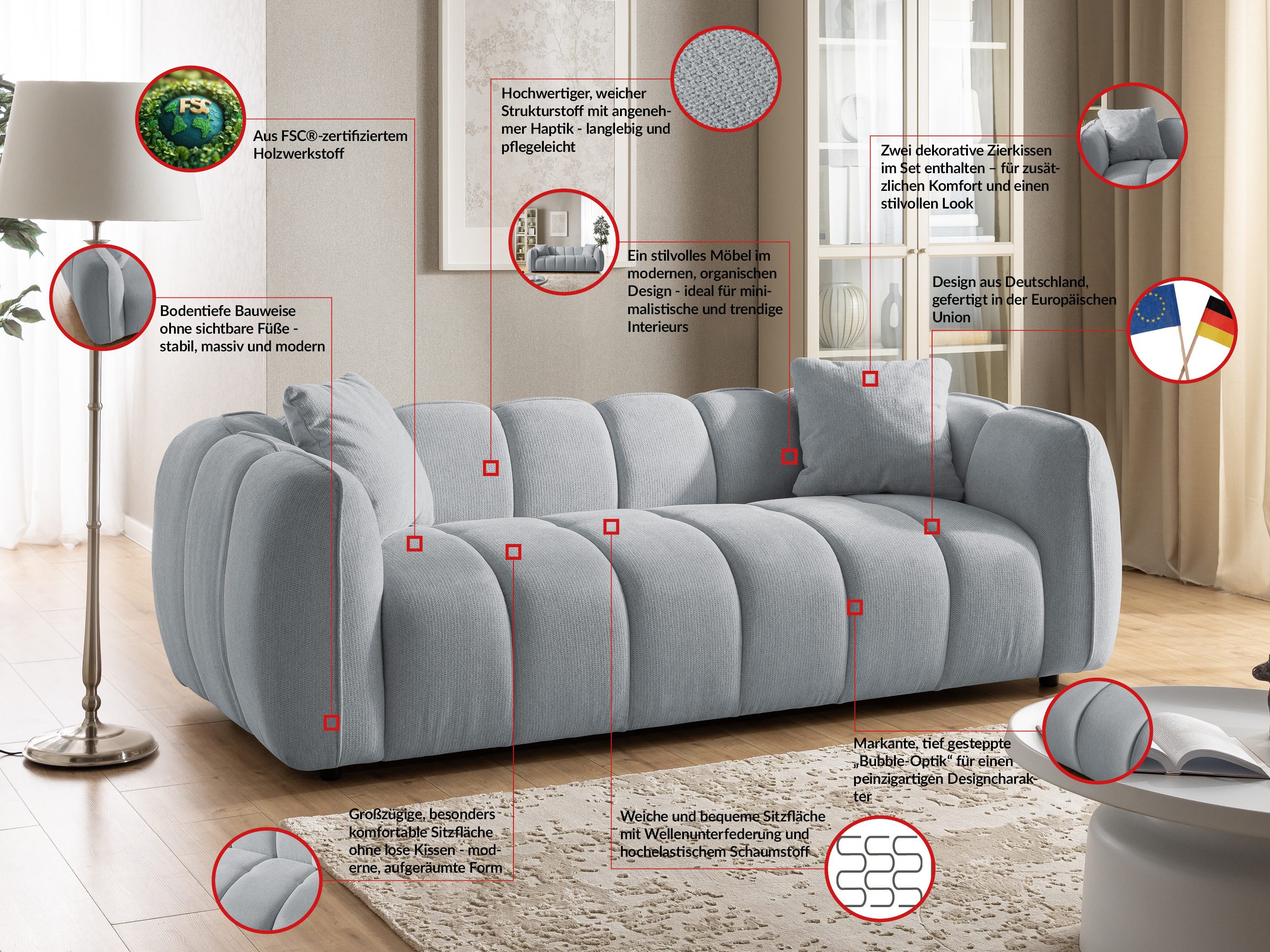 S-Style Möbel Sofa 3-Sitzer Nubira in tief gesteppter Bubble-Optik aus Strukturstoff, mit modernem Design und Wellenfederung