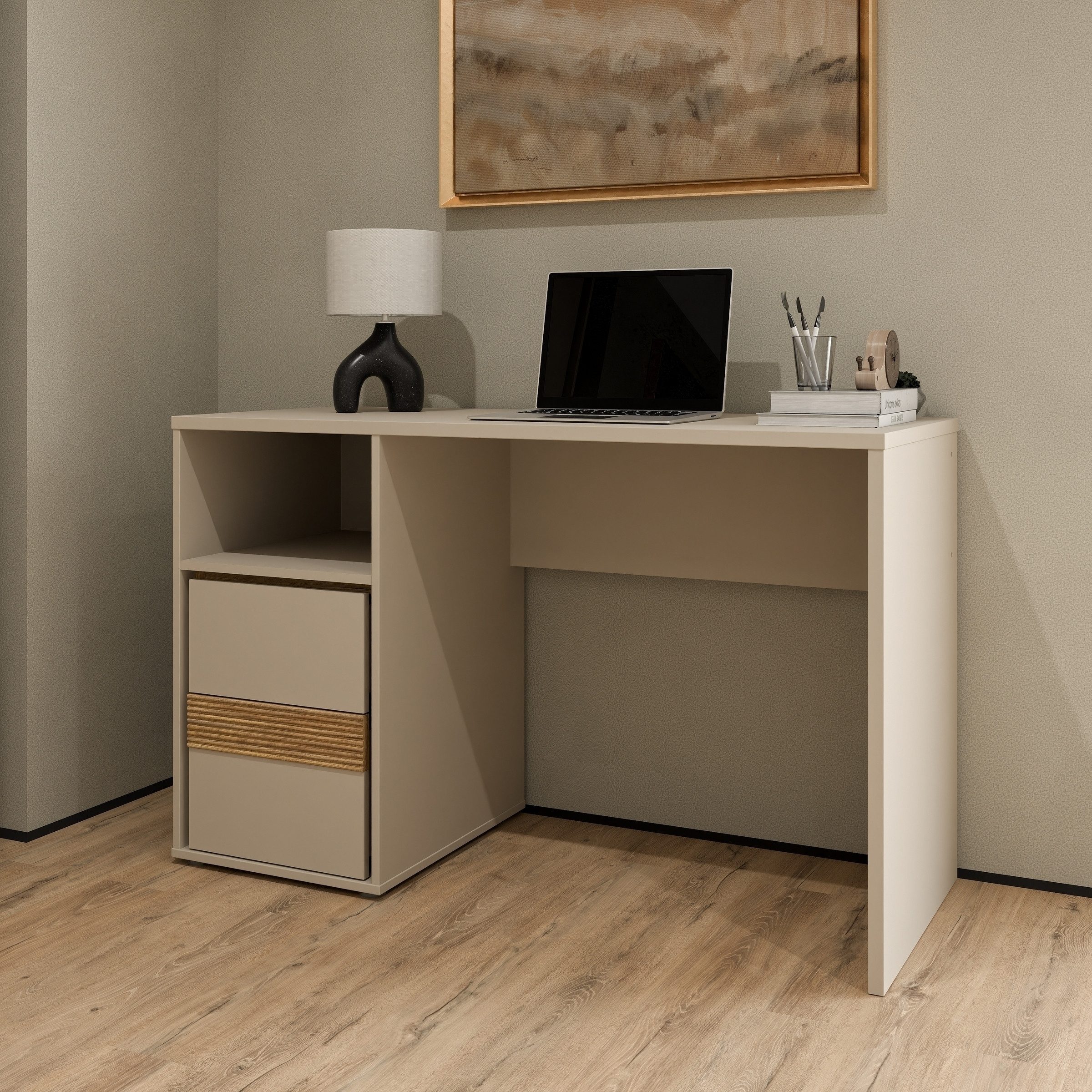 PREISBRECHER Schreibtisch WEXLIN, 2 Schübe, Sand / Mauvella Eiche Dekor - 119,7x75,7x50,2cm (BxHxT)