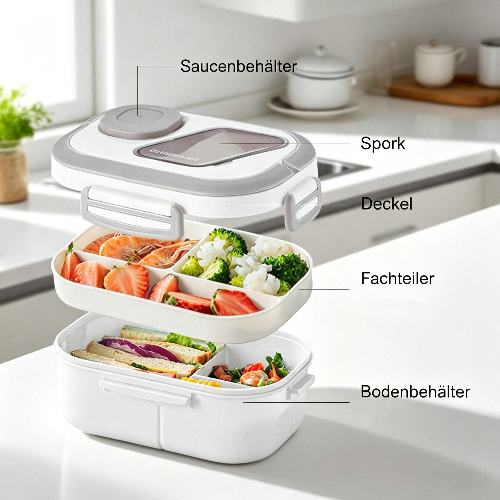 Diwzbyn Lunchbox Bento Box Lunchbox 2-stufig, 6 Fächer, Auslaufsicher, BPA-frei, Mit Saucenbehälter & Besteck, mikrowellengeeignet, 1200 ml