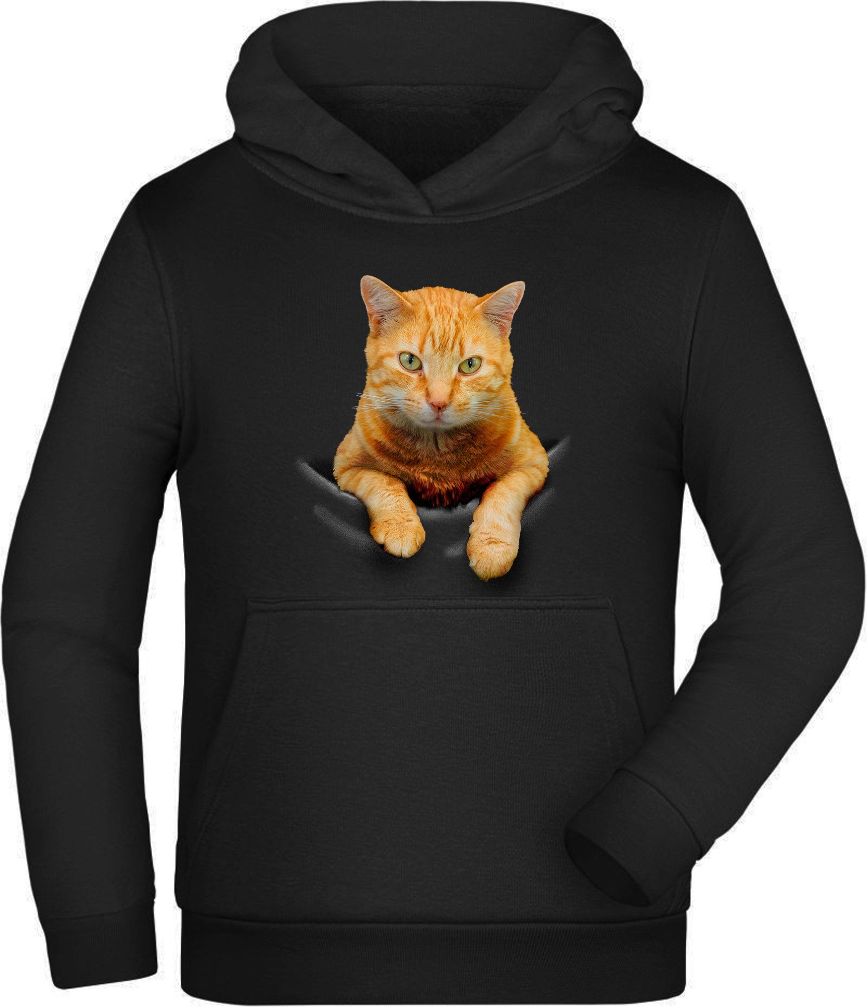 MyDesign24 Kapuzensweatshirt Kinder Hoodie bedruckt - orange, gelbe Katze aus Tasche Kapuzensweater mit Aufdruck schwarz, i109 | Sweatshirts