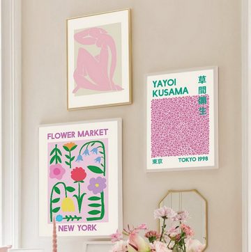 TPFLiving Kunstdruck (OHNE RAHMEN) Poster - Leinwand - Wandbild, Henri Matisse - Yayoi Kusama - (Flower Market New York - Flower Market Paris), Farben: Violett, Rosa, Grün, Braun, Blau, Rot - Größe 10x15cm