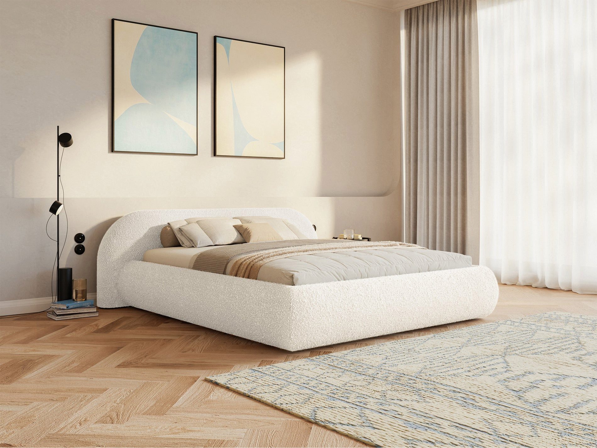 Selsey Polsterbett SHELS LOW, mit Rolllattenrost, Kopfteil und Bouclé, 140, 160, 180 cm