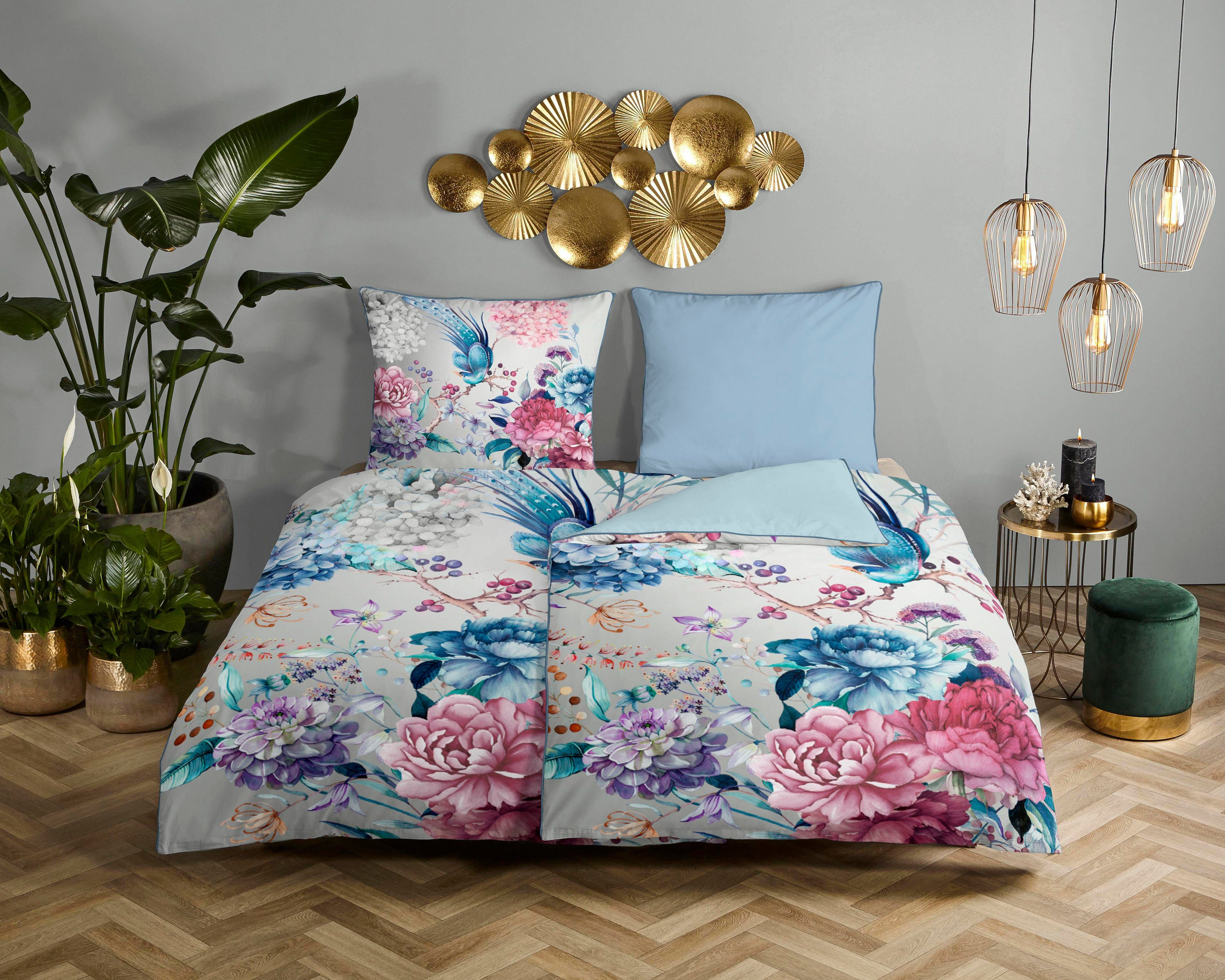 Descanso Wendebettwäsche Mondet, Satin (Bio-Baumwolle), 2 teilig, Baumwolle, Satin, 135x200, Biese, Reißverschluss, Wende, Blumen Grau