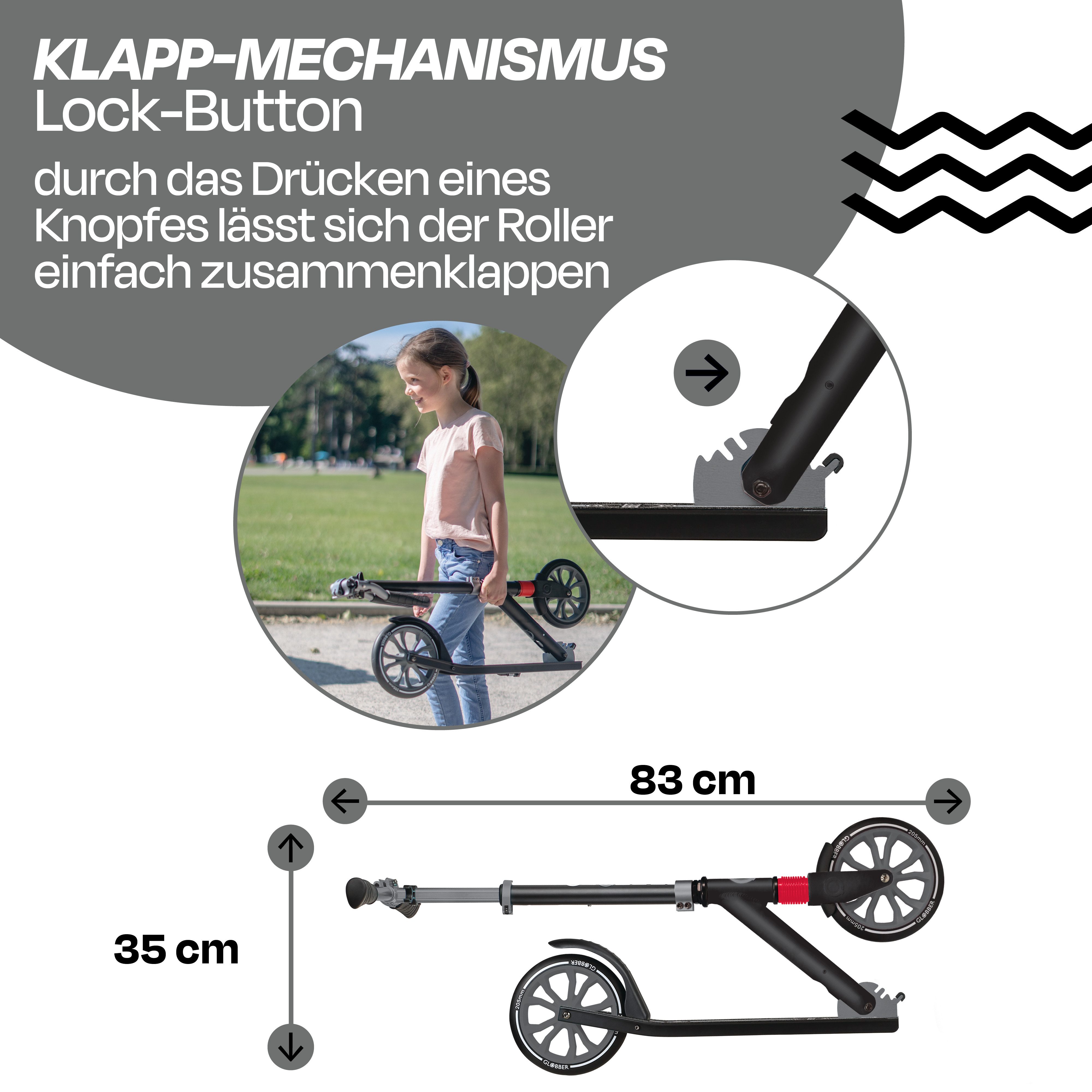 Globber Tretroller NL 205 Scooter - Für Kinder, Teens & Erwachsene, ABEC 7, Federung, Frontfederung PU-Rollen 205 mm Alu-Deck, Antirutsch – Bild 3 von 5