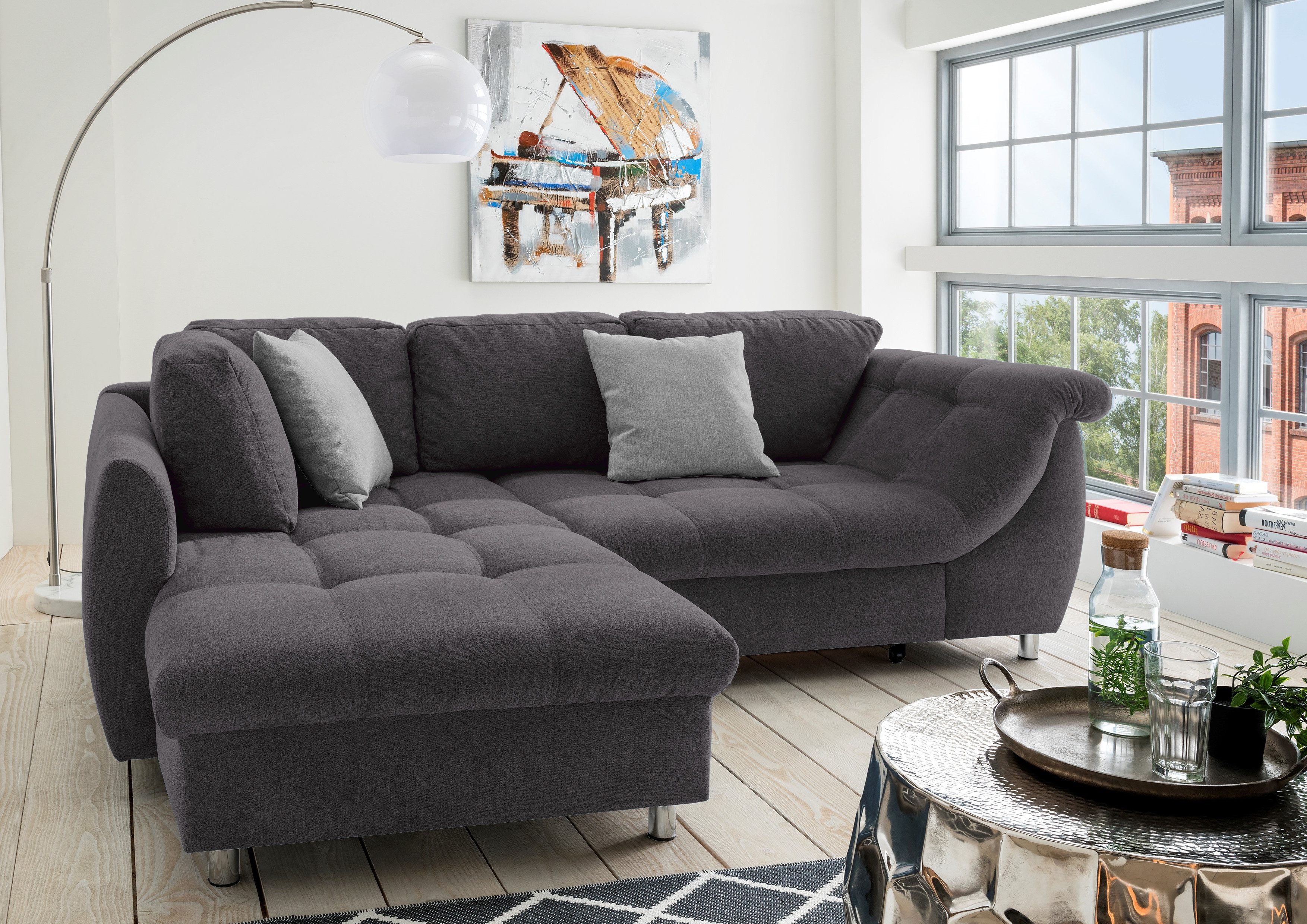 luma-home Ecksofa 17008, mit Ottomane links B250/T190/H84 cm, Liegefläche 179x190 cm, Bettfunktion, Wellenunterfederung, Mikrofaser Anthrazit