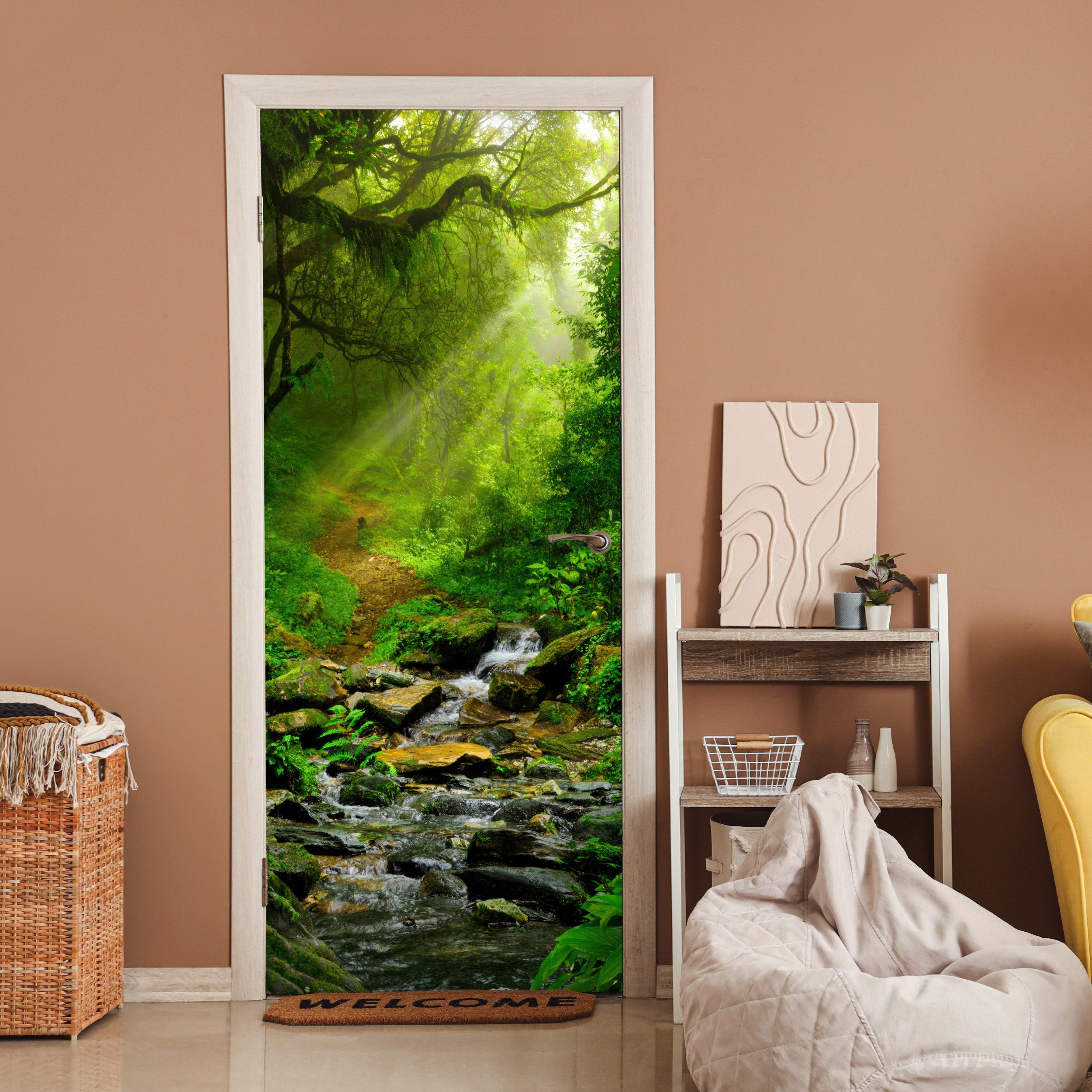 MuchoWow Türtapete Dschungel - Grün - Wasserfall - Natur, Matt, bedruckt, (1 St), Selbstklebende Tapete, Folie für Möbel, 70x215 cm – Bild 2 von 5