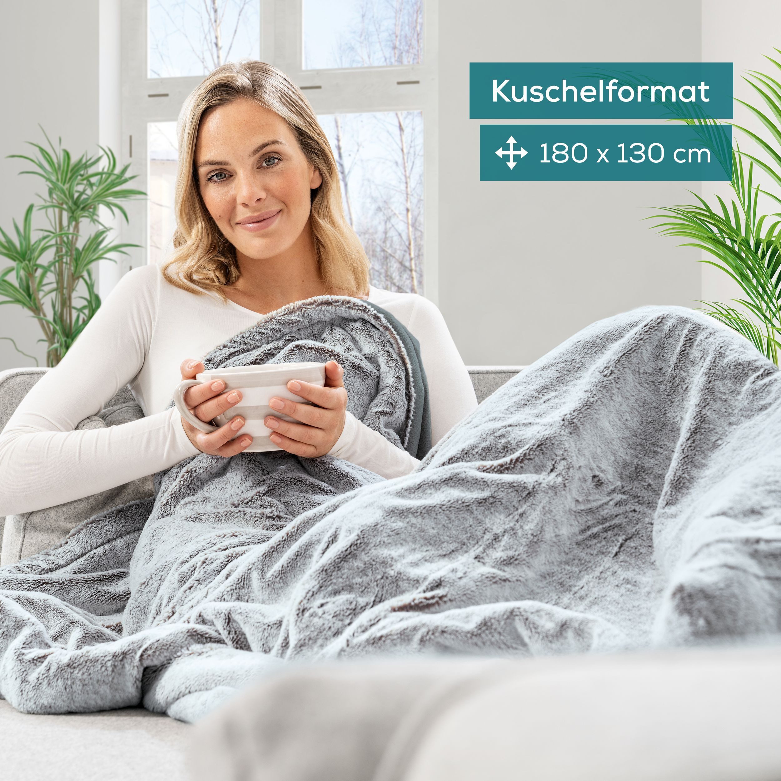 BEURER Heizdecke HD 75 Nordic Grey Green Planet, aus recycelten Materialien, kuschelige Wärmedecke in Kunstfelloptik, mit 6 Temperaturstufen