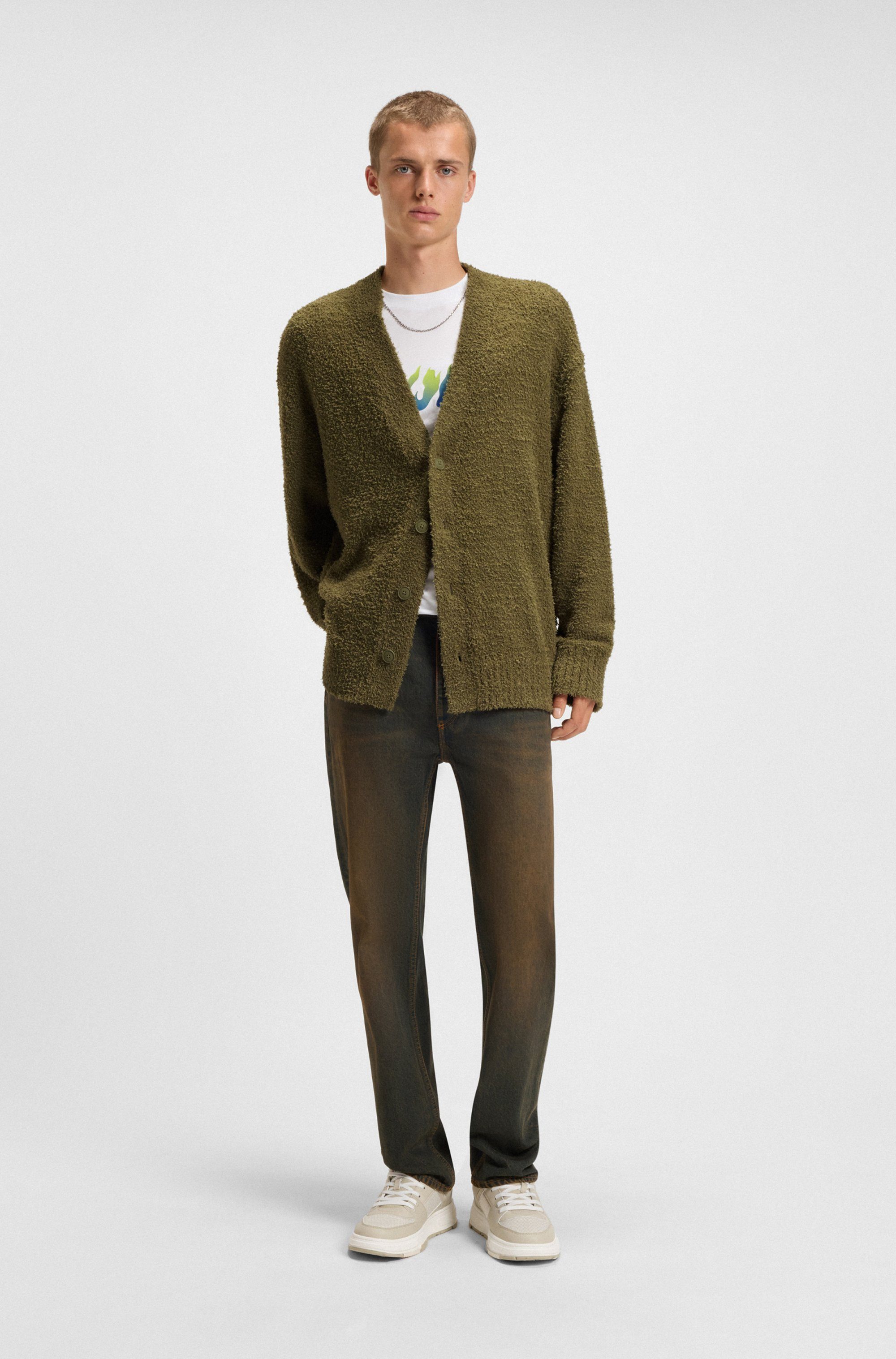 HUGO Blue Strickjacke Sonou V-Ausschnitt, Oversized fit, Bouclé-Strick