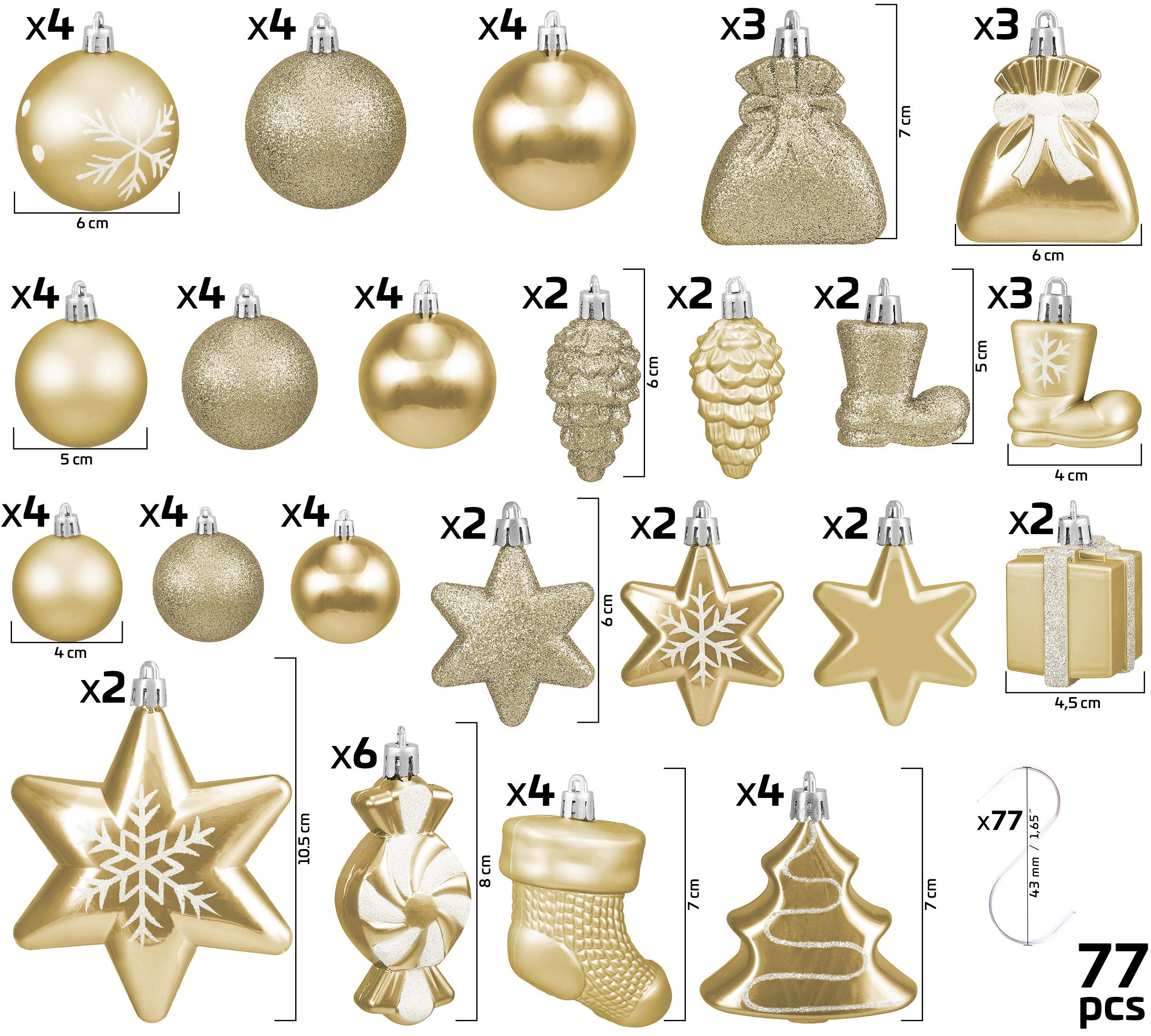 BRUBAKER Weihnachtsbaumkugel 77-teiliges Weihnachtskugel-Set, Christbaumschmuck aus Kunststoff, Weihnachtsdekoration Baumkugeln