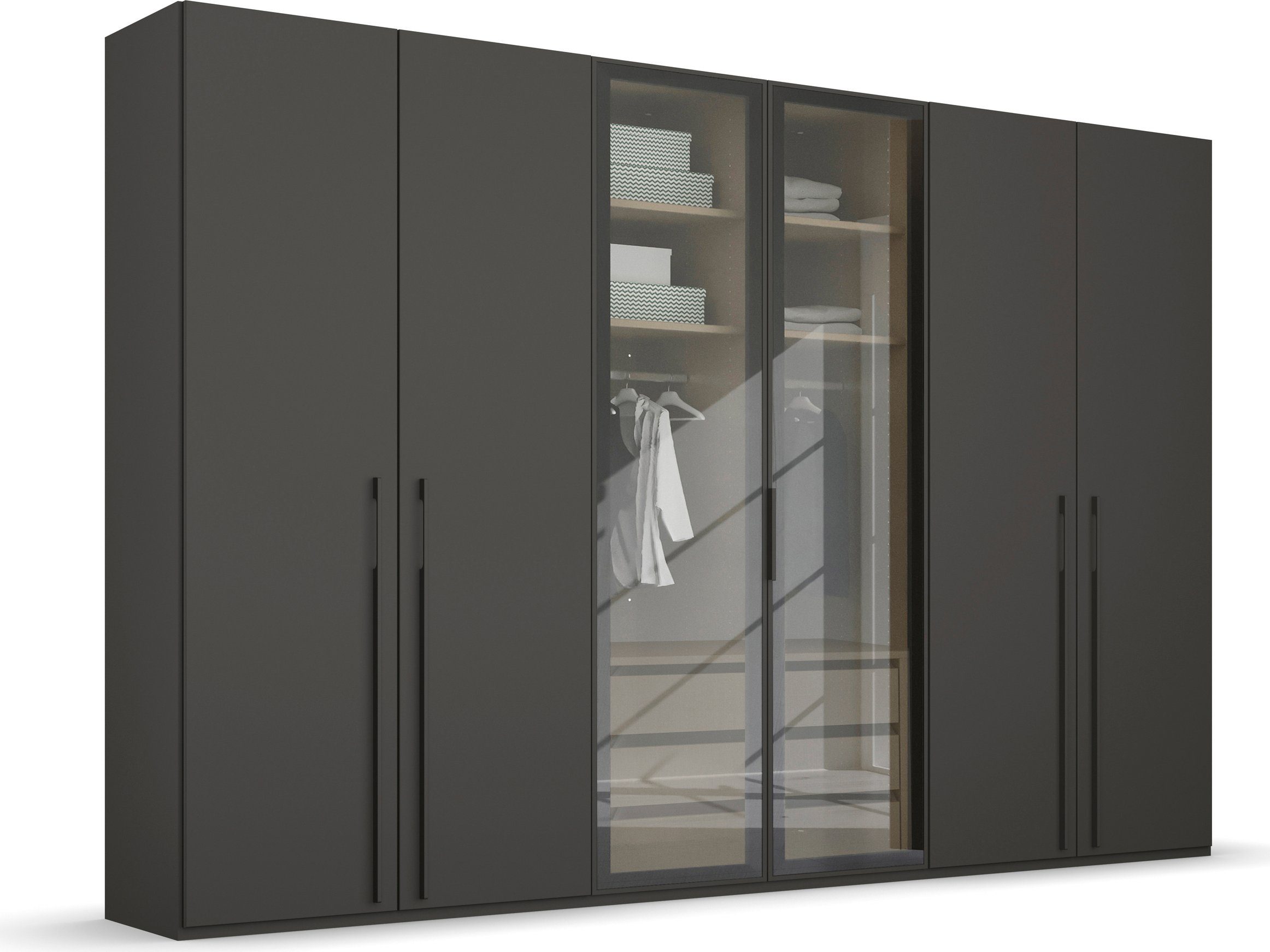 rauch Drehtürenschrank Kleiderschrank Schrank Garderobe SKAT SHINE mit hochwertigem, transparentem Grauglas inkl. umfangreichem Zubehör MADE IN GERMANY