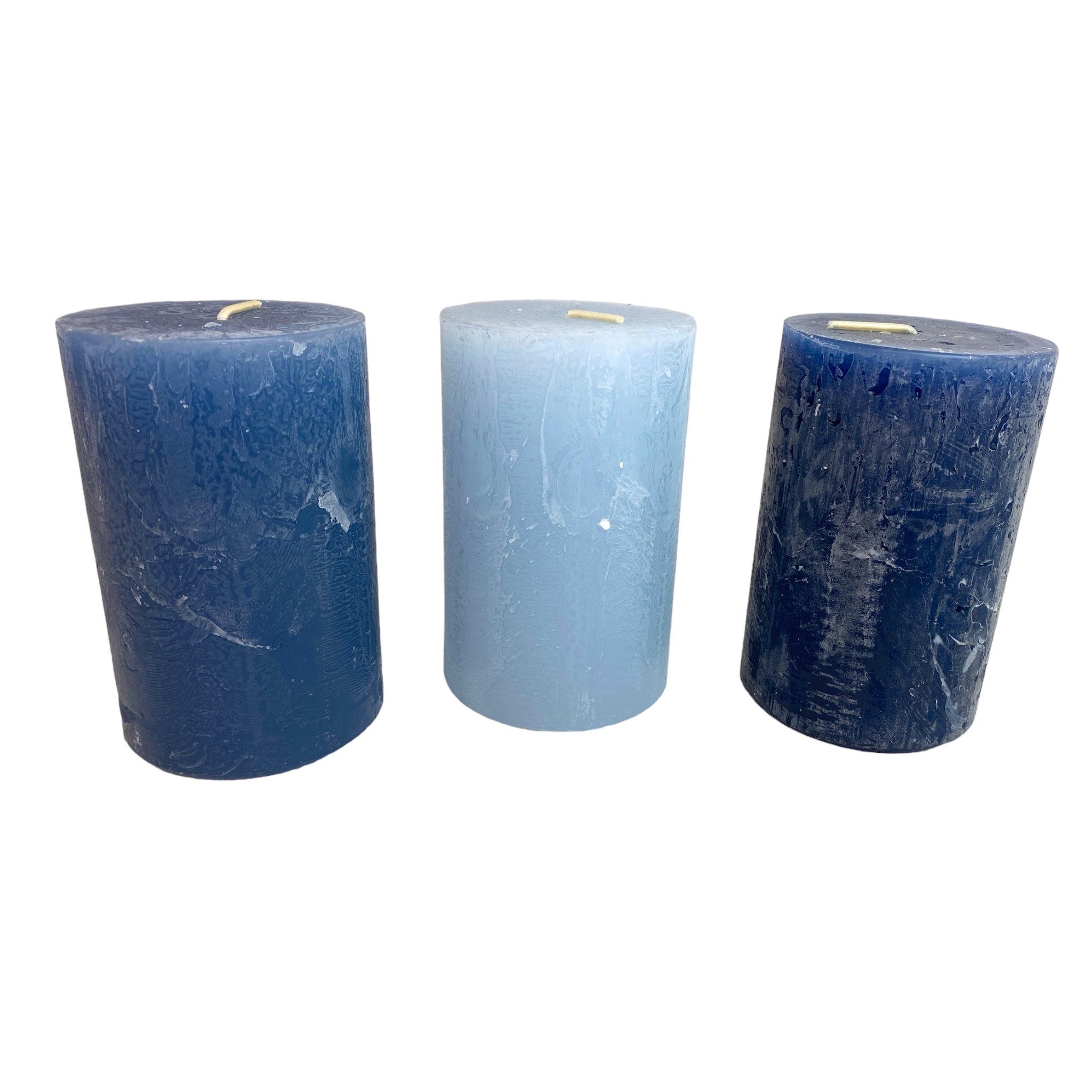 DekoTown Stumpenkerze Mix Marmorierte Kerzen Blau Eisblau Saphir Nachtblau 11x7cm, 3 St.