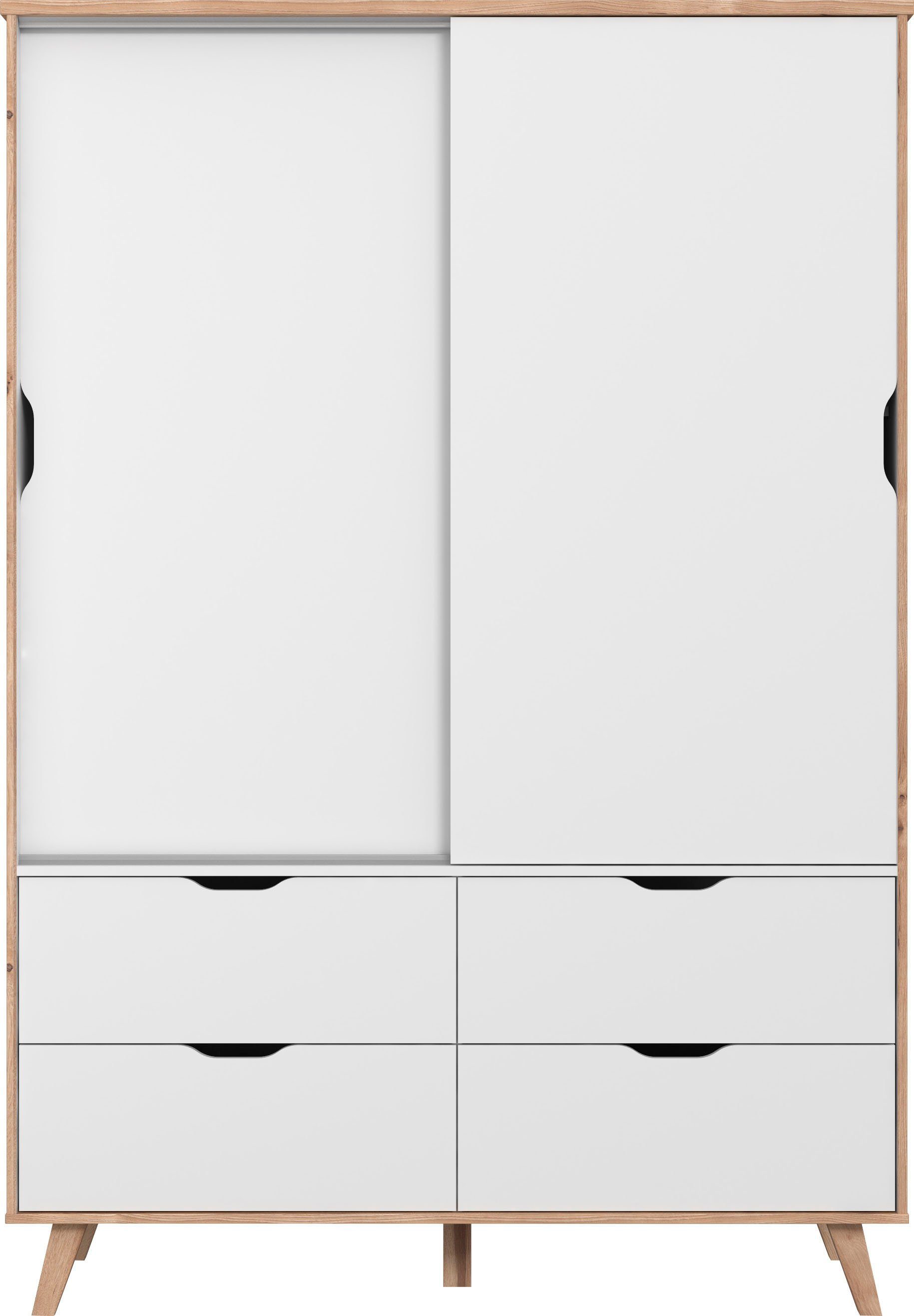 Forte Schiebetürenschrank Vankka, Topseller! Viel Stauraum, skandinavischer Stil (B/H/T ca.140x200x50cm) Made in Europe,mit Einlegeböden+Kleiderstange+Schubladen,grifflos