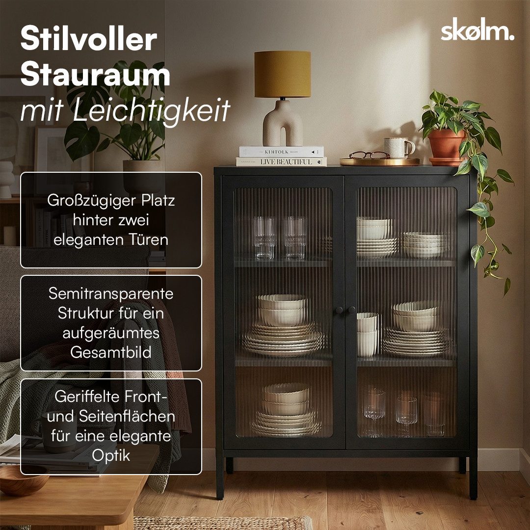 skølm Highboard Norns Vitrinenschrank mit Glastüren (schwarz, bis 80 kg belastbar, kratzfest), Metallkommode mit verstellbaren Fächern, Sideboard 100x38x80 cm