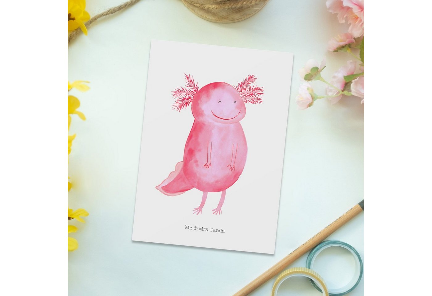 Thumbnail - Mr. & Mrs. Panda Postkarte Axolotl Glücklich, Ansichtskarten, Einladung, Einladungskarten, Lustige Sprüche