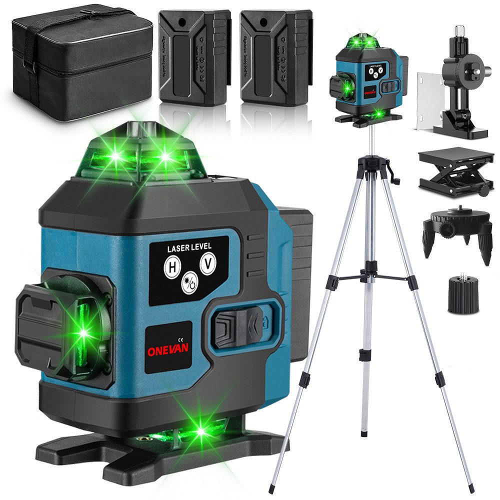 ONEVAN Laserwasserwaage 4D Laser 16 Linien Kreuzlinienlaser mit 1.5m Teleskopstativ, 2 x 3600mAh Akku, 4° Selbstnivellierende
