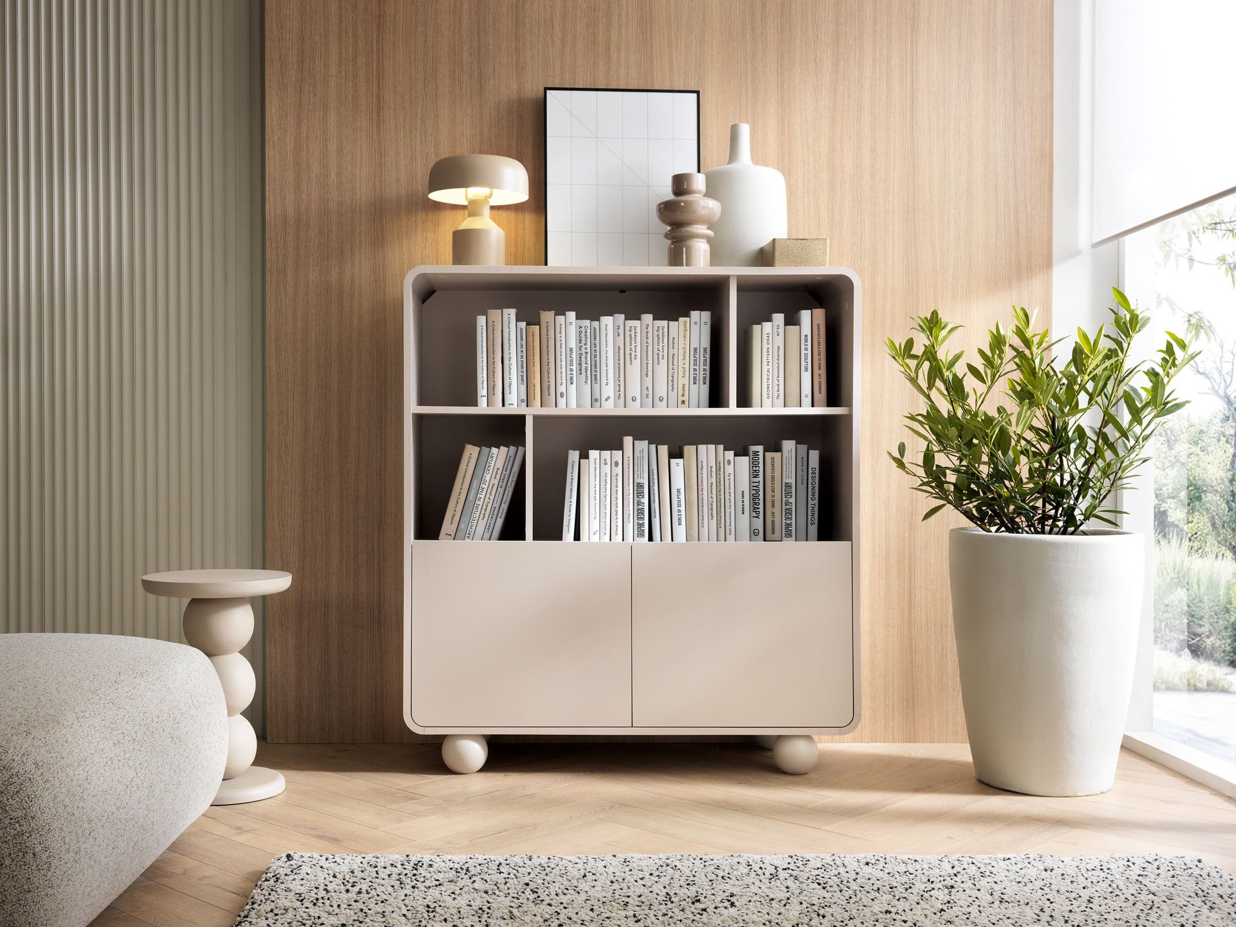 MOEBLO Regal BERLIN RG108, in Kaschmir, modernes Bücherregal mit 4 offenen Fächern, 2 Türen, Tip-on und Kugelfüßen, Bücherregal Bücherregal für das Büro Bücherregal für Dokumente Wohnbereich Wohnzimmer, (BxHxT): 108 x 121 x 39 cm