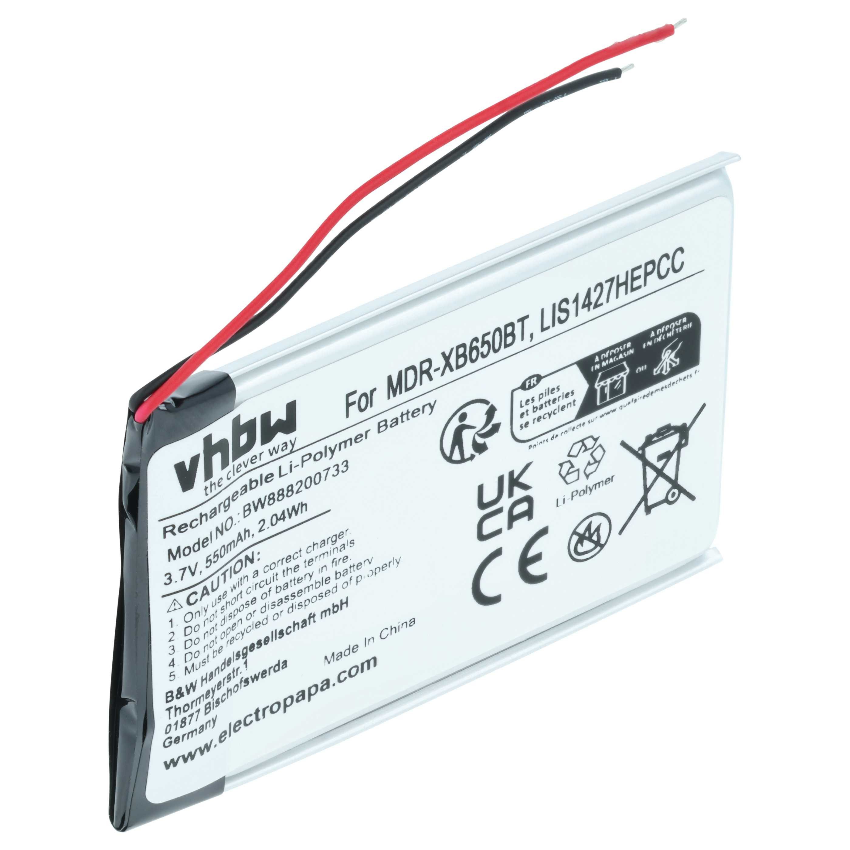 vhbw Akku passend für Sony MDR-XB650BT, MDR-RF985R, MDR-XB950B1, Akku Akku Li-Polymer 550 mAh (3,7 V, 1 St), Leistungsfähiger Austausch-Akku für schnurlosen Kopfhörer, Headset