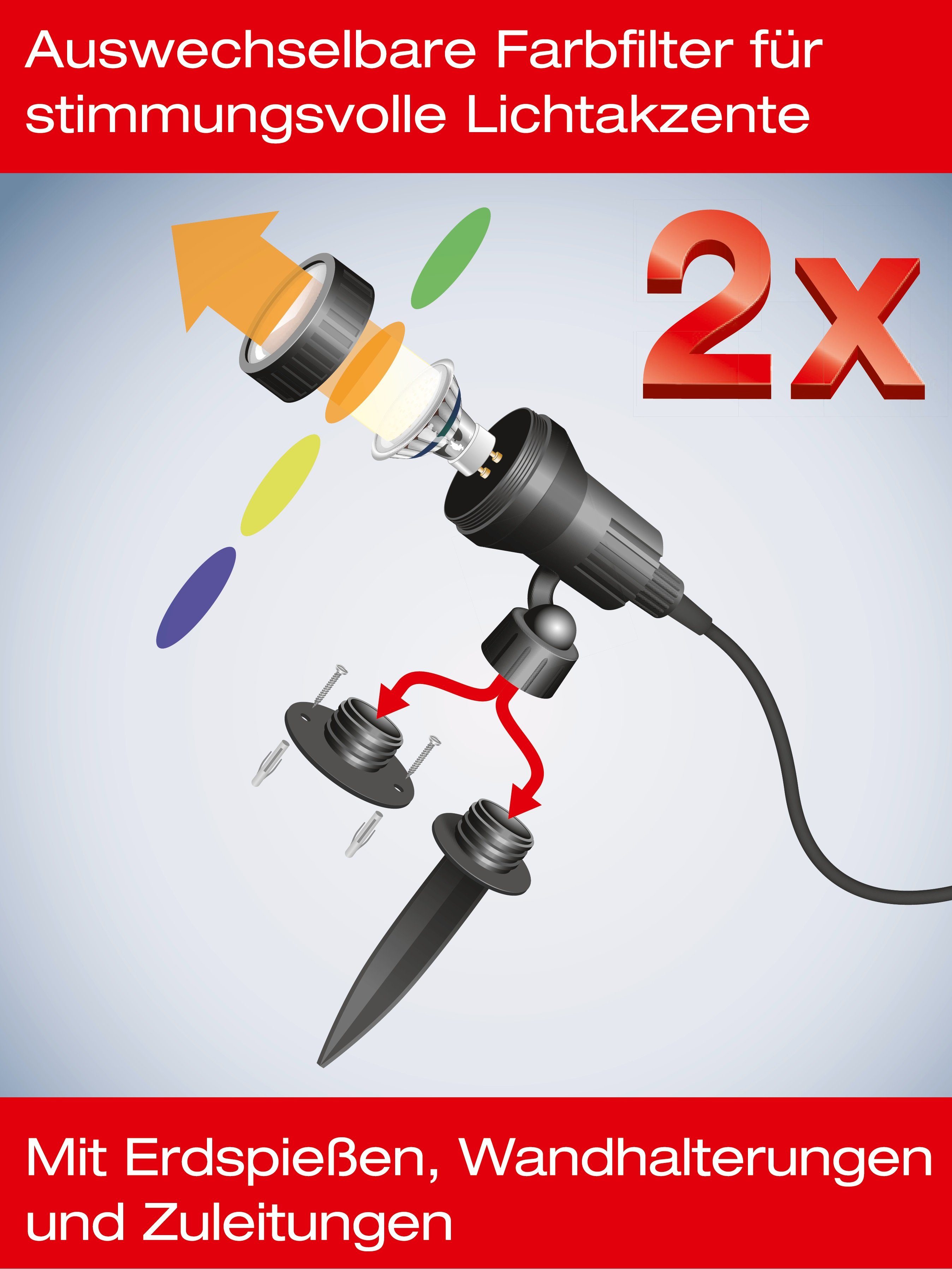 TRANGO LED Gartenstrahler, 1-flammig IP44 Gartenleuchte 3075 Außenleuchte *SOPHIA* incl. 1x 3 Watt GU10 LED Leuchtmittel – 3000K warmweiß & 2 Meter Zuleitungskabel, als Teichstrahler, Gartenlampe, Außenlampe, Wegbeleuchtung