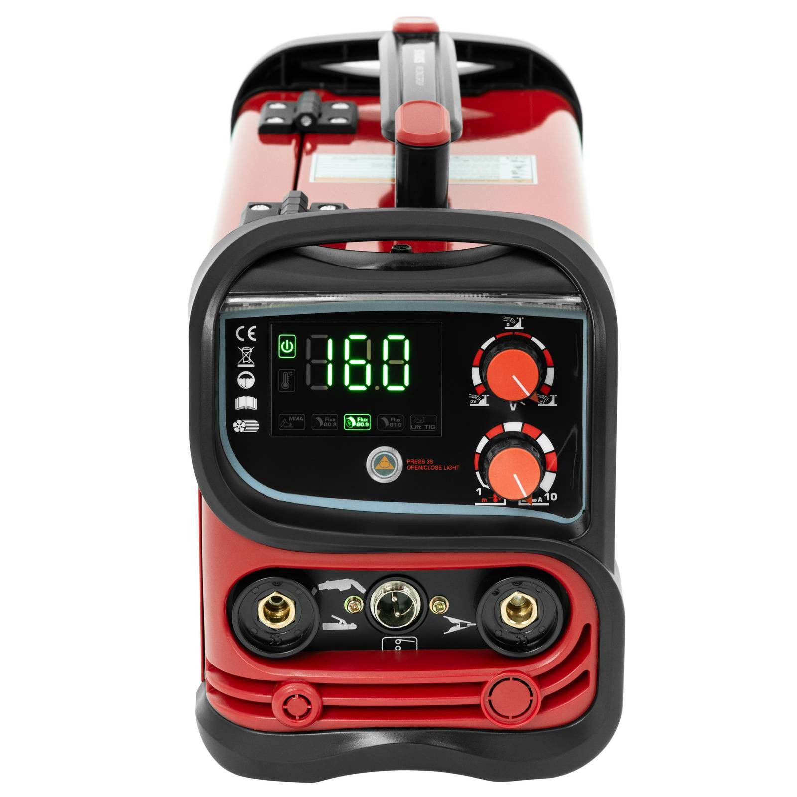 Stamos Welding Group Elektroschweißgerät Fülldraht Schweißgerät 130 A FLUX WIG Liftarc MMA digitales Bedienfeld