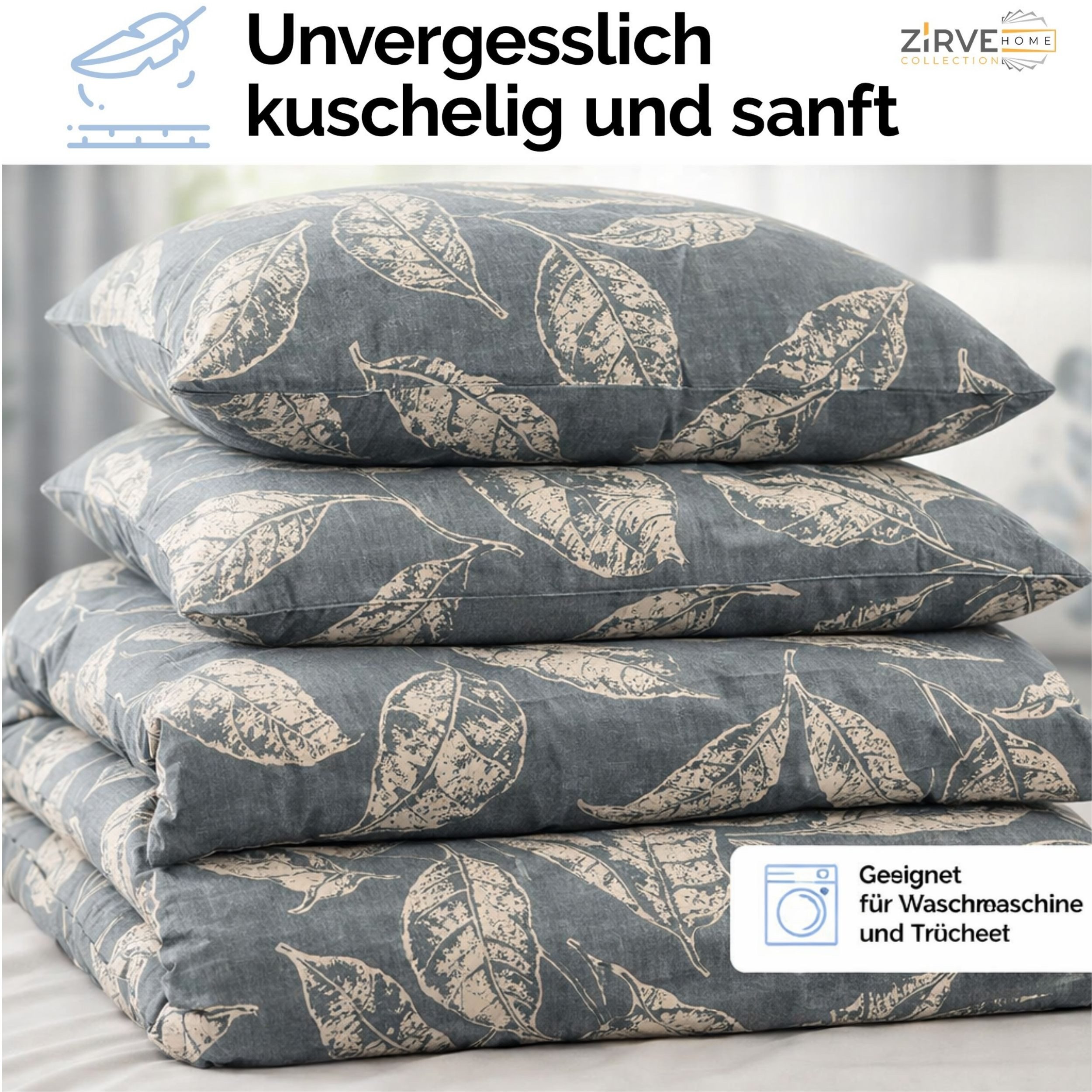 ZIRVEHOME Bettwäsche Baumwolle Bettbezug Graublau Beige Elegantes Blattmuster, Arina P1, Renforce, 3 teilig, 240x220 Baumwolle Bettbezug Graublau, Beige Blattmu – Bild 3 von 5